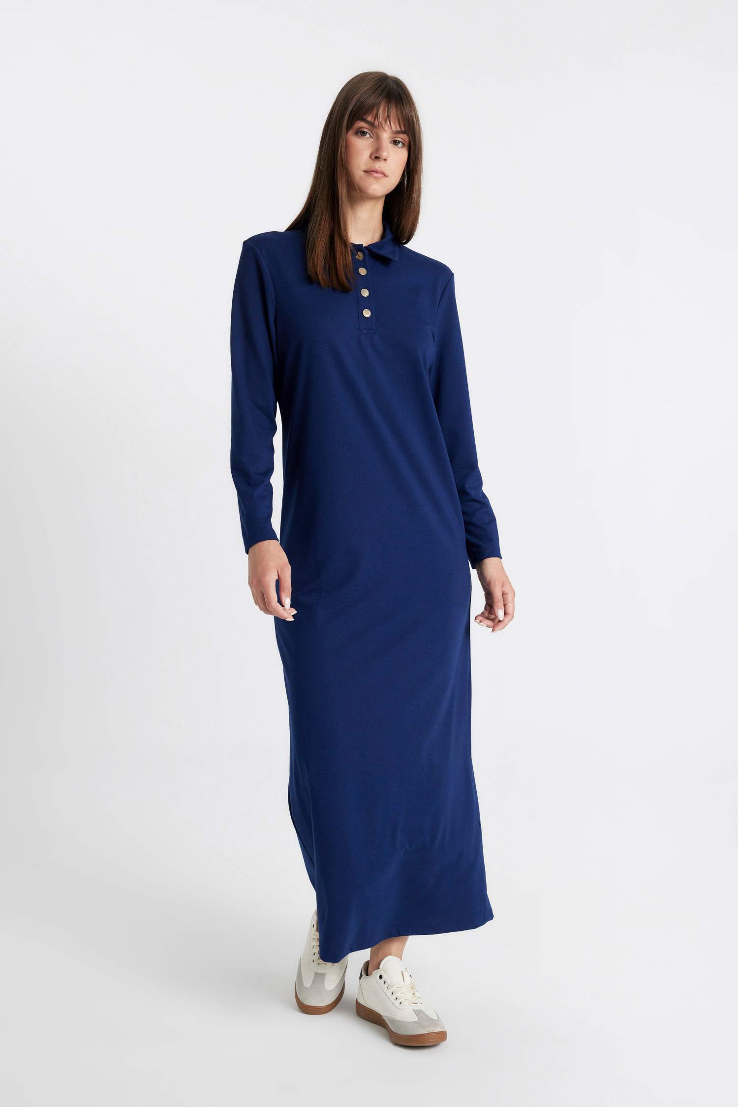 Regular Fit Uzun Kollu Pike Maxi Elbise