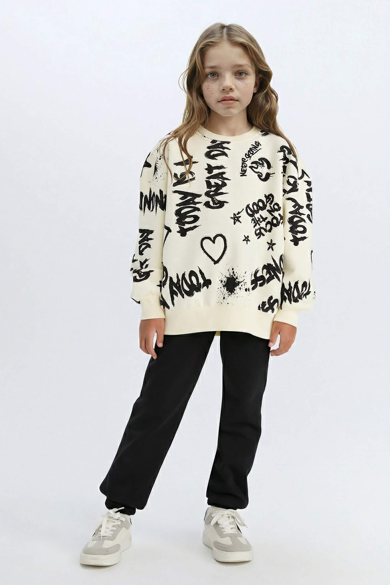 Kız Çocuk 2'li Takım Desenli Sweatshirt Beli Lastikli Eşofman Altı