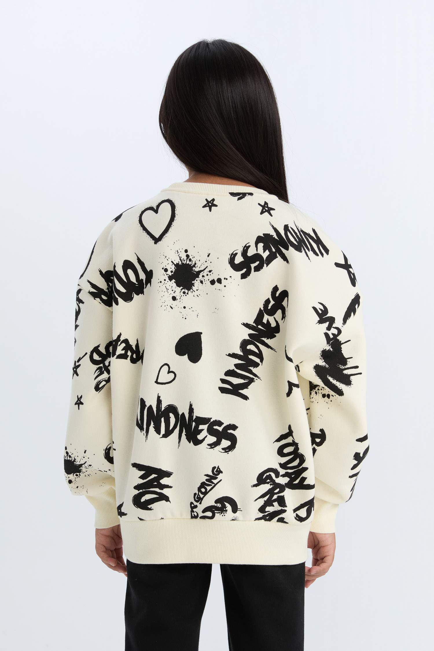 Kız Çocuk 2'li Takım Desenli Sweatshirt Beli Lastikli Eşofman Altı