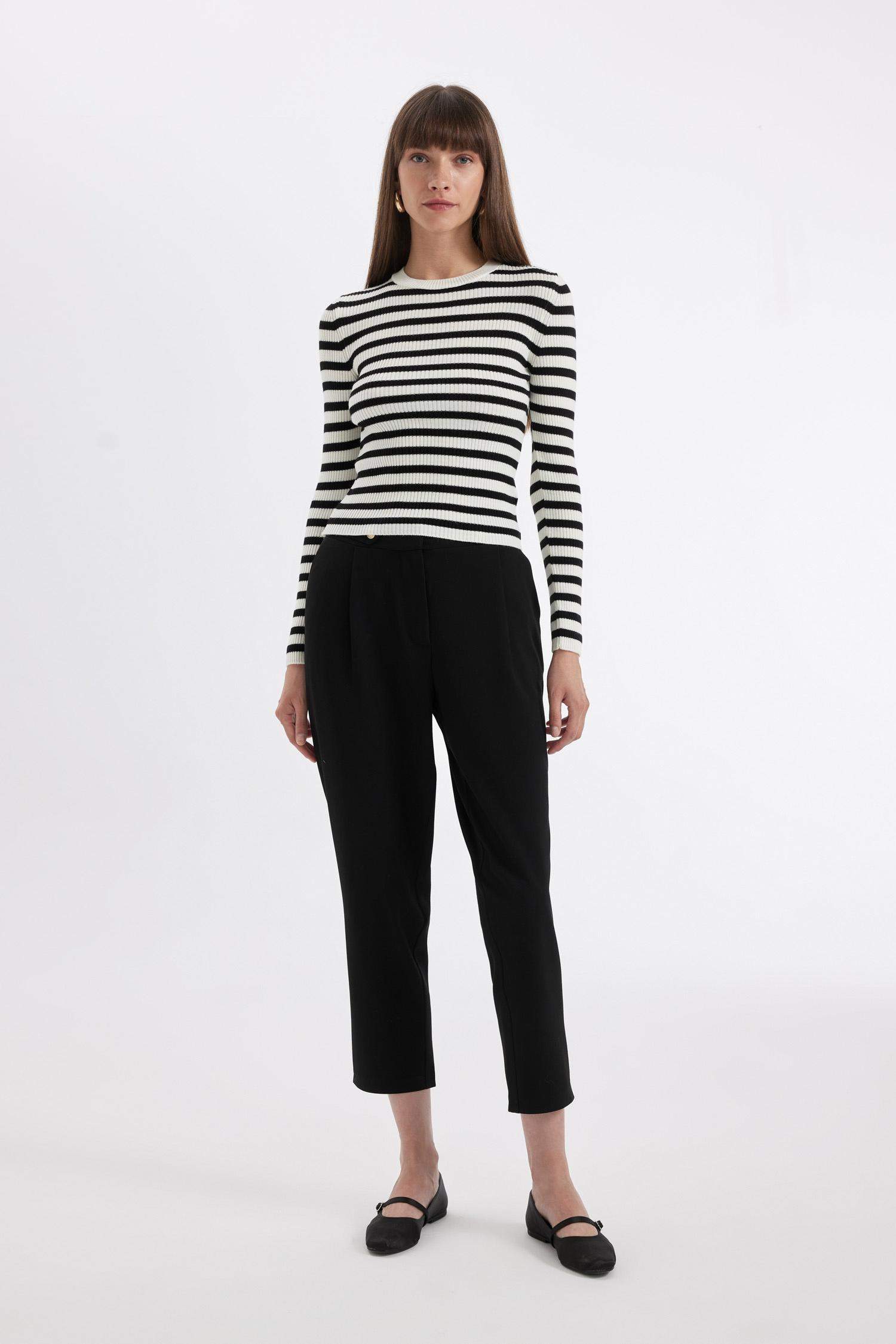 Fitted Bisiklet Yaka Çizgili Ribana Triko Kazak