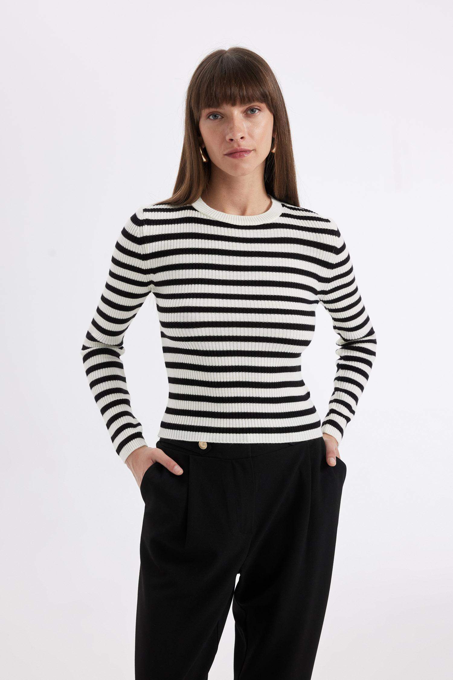 Fitted Bisiklet Yaka Çizgili Ribana Triko Kazak