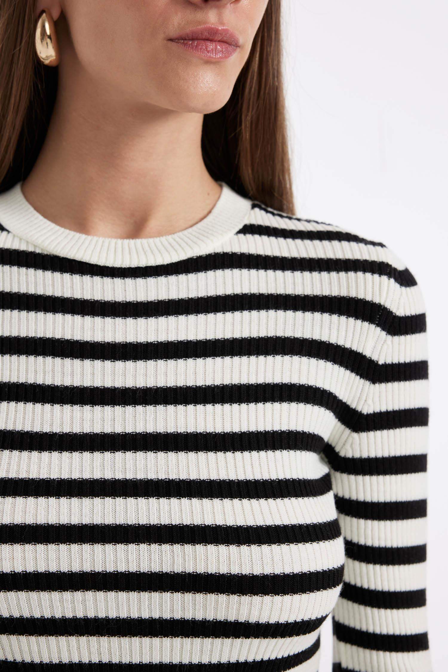 Fitted Bisiklet Yaka Çizgili Ribana Triko Kazak