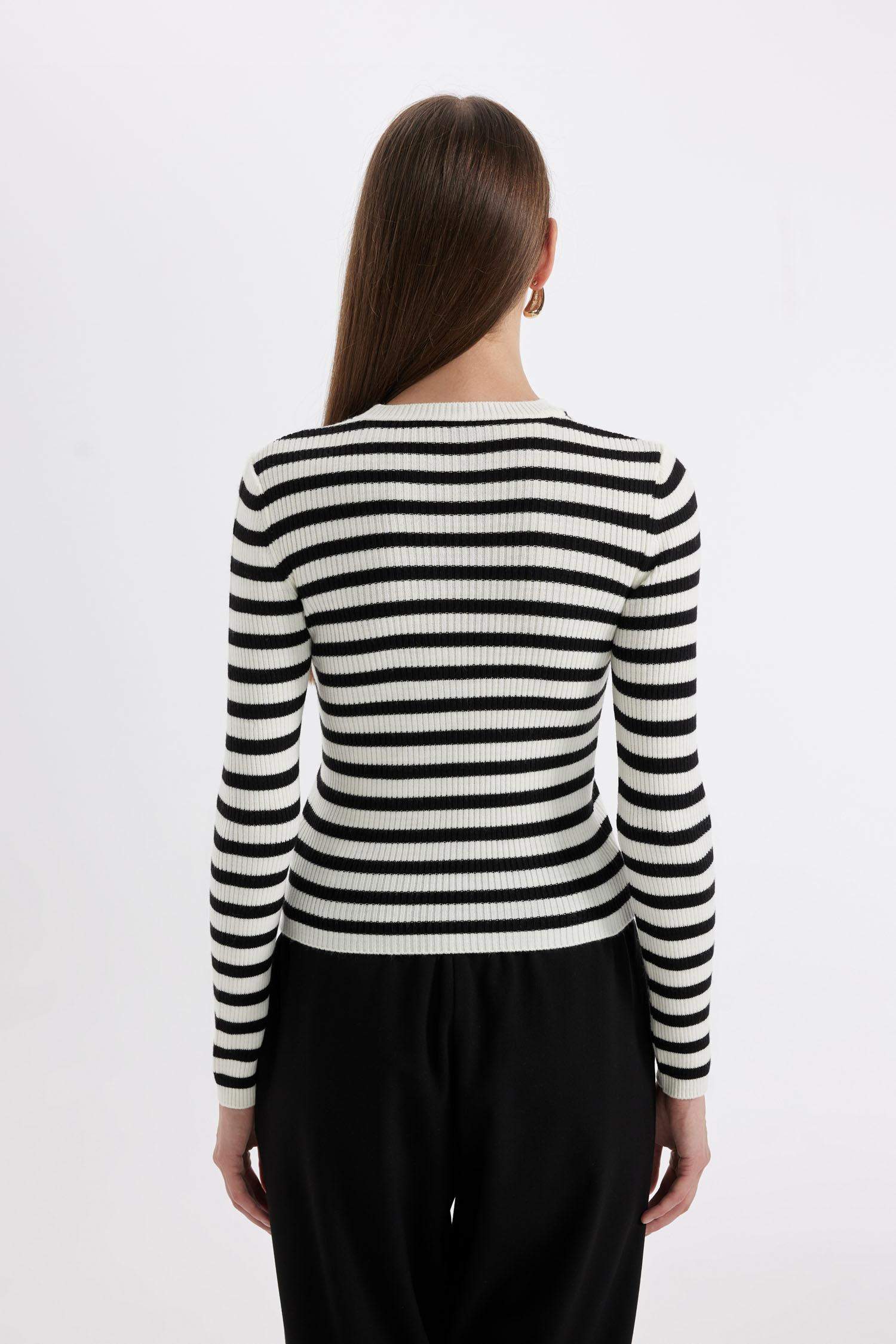 Fitted Bisiklet Yaka Çizgili Ribana Triko Kazak