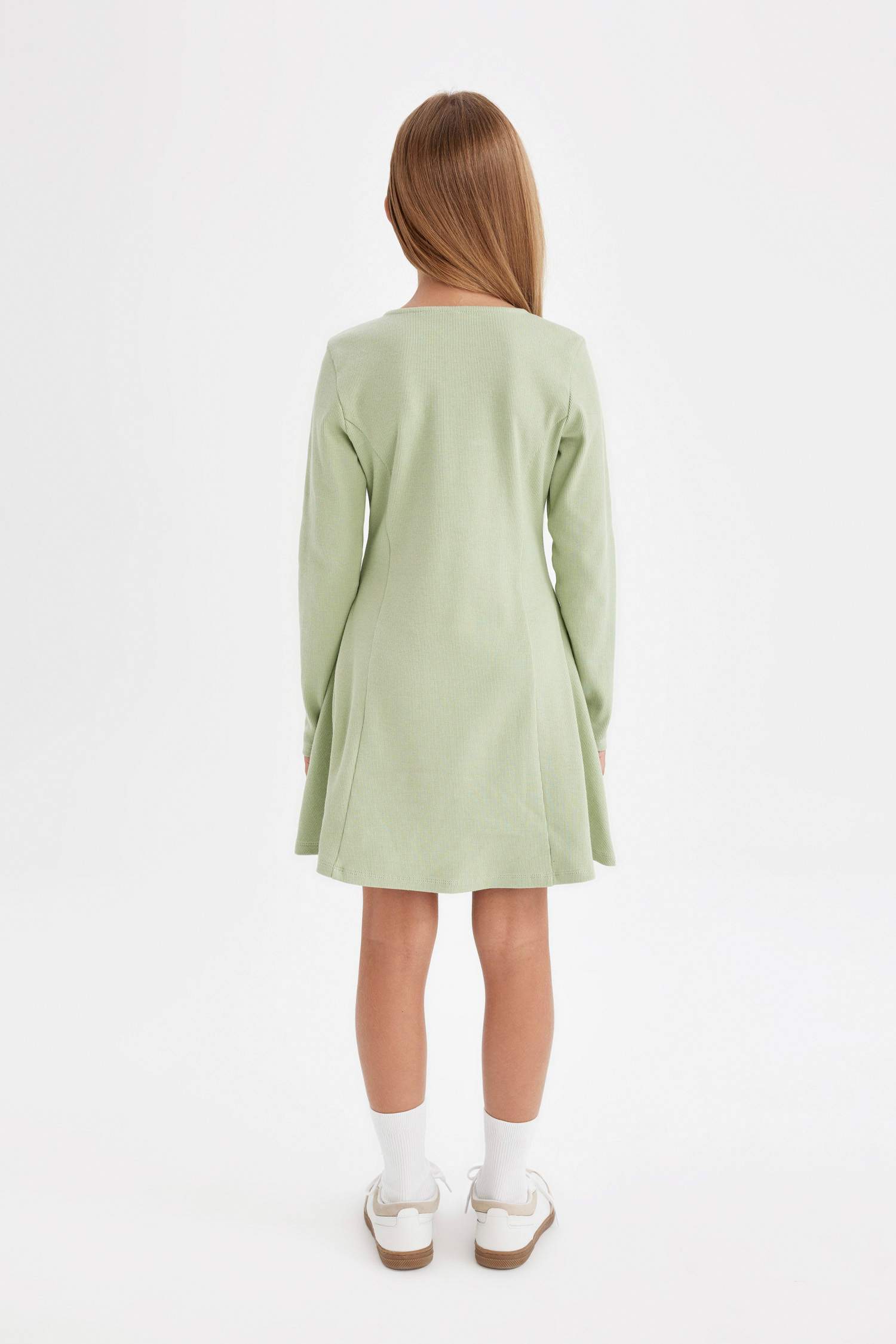 Kız Çocuk Basic Düz Bisiklet Yaka Fitilli Kaşkorse Uzun Kollu Elbise