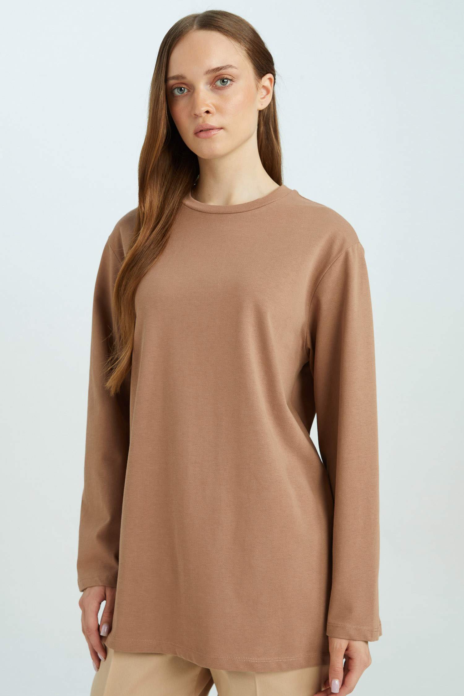 Regular Fit Bisiklet Yaka Basic Düz Uzun Kollu Tişört Tunik