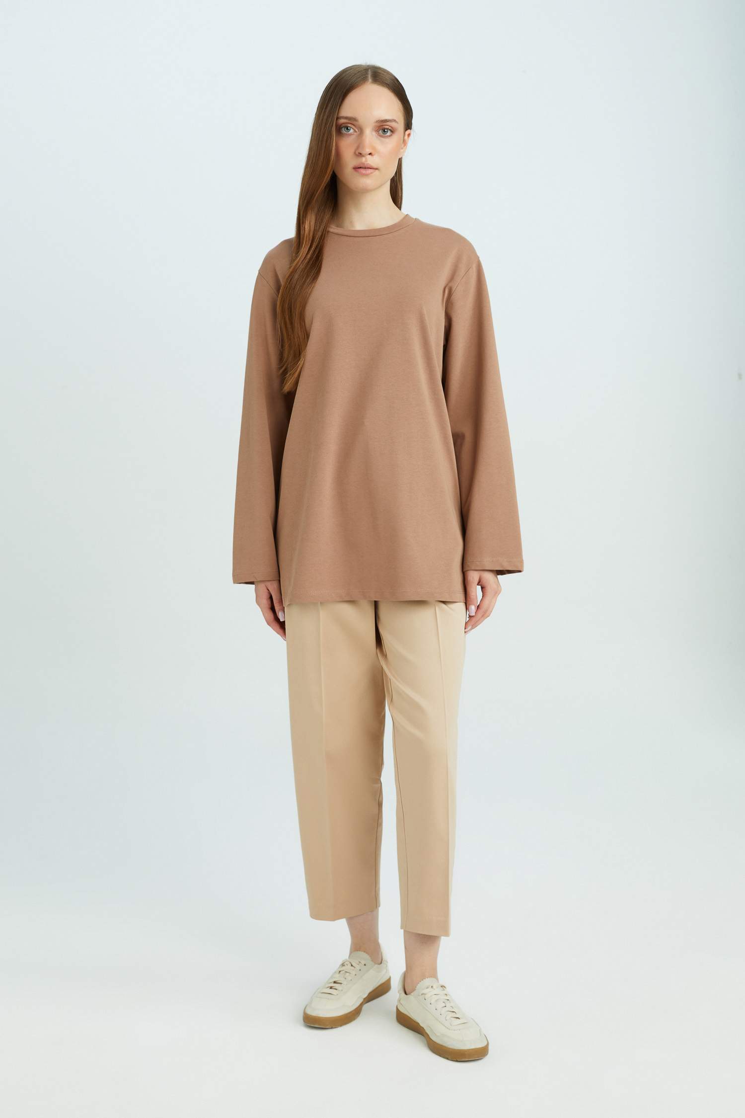 Regular Fit Bisiklet Yaka Basic Düz Uzun Kollu Tişört Tunik