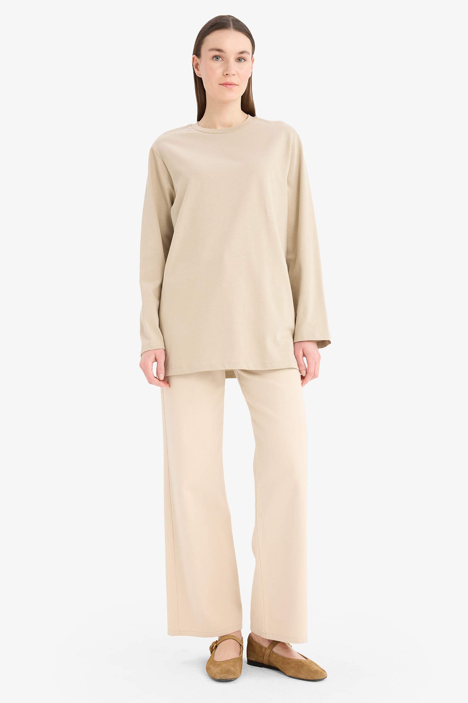 Regular Fit Bisiklet Yaka Basic Düz Uzun Kollu Tişört Tunik