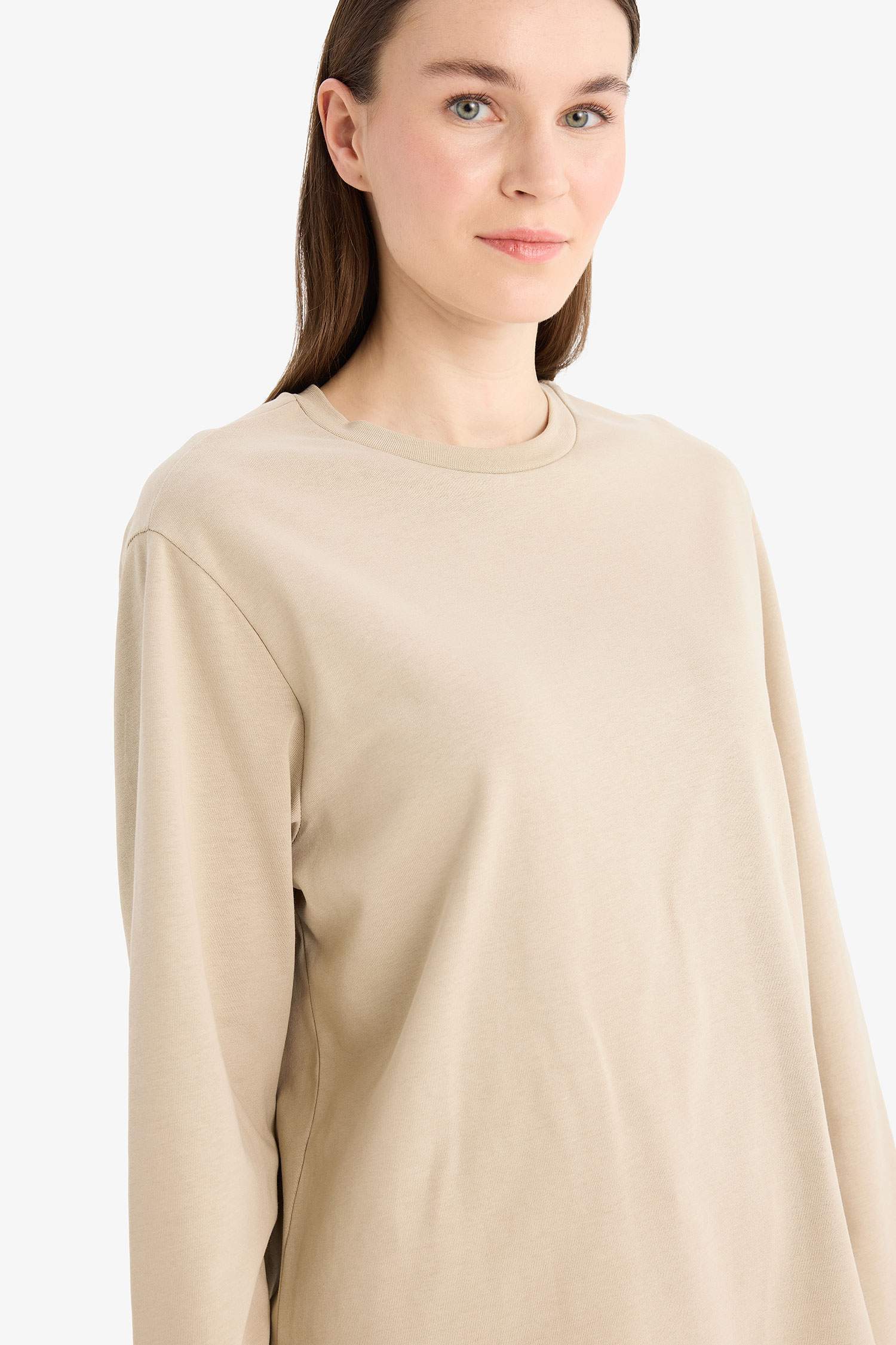 Regular Fit Bisiklet Yaka Basic Düz Uzun Kollu Tişört Tunik