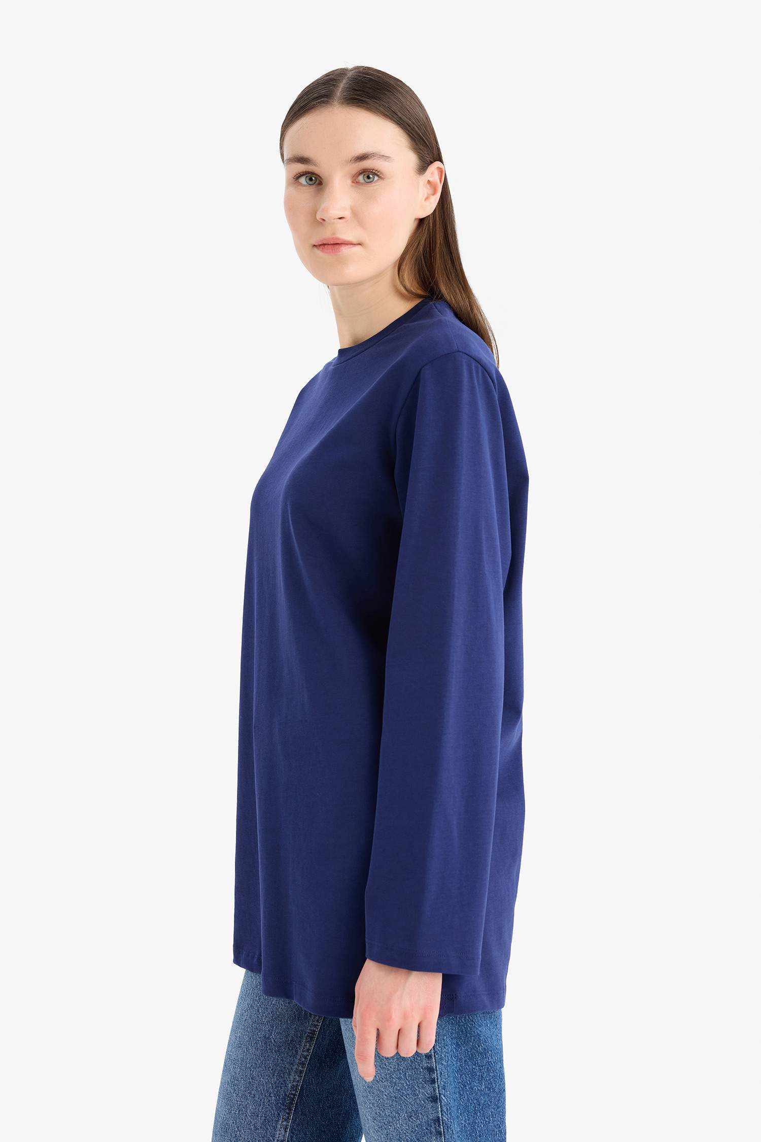 Regular Fit Bisiklet Yaka Basic Düz Uzun Kollu Tişört Tunik