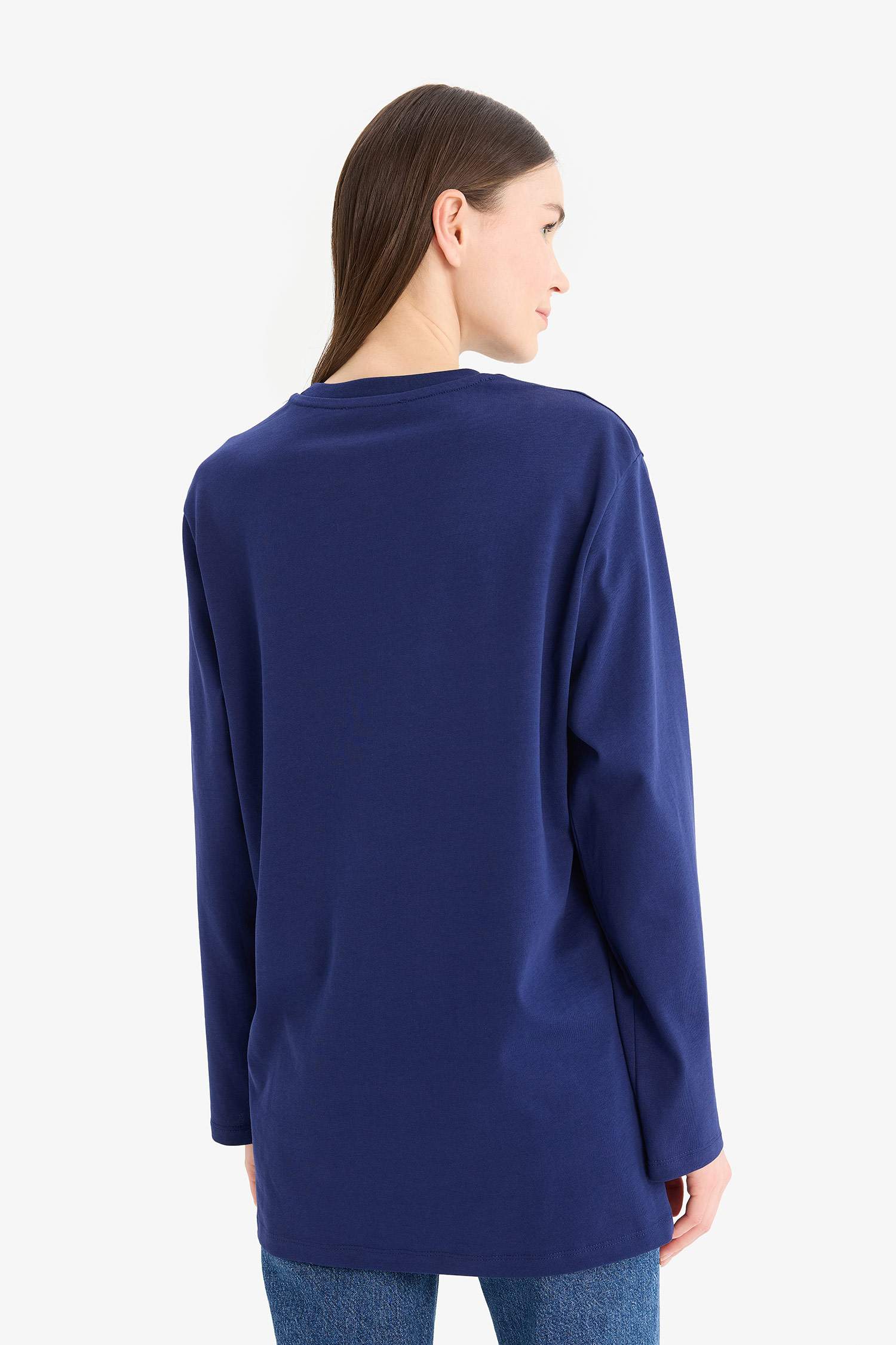 Regular Fit Bisiklet Yaka Basic Düz Uzun Kollu Tişört Tunik