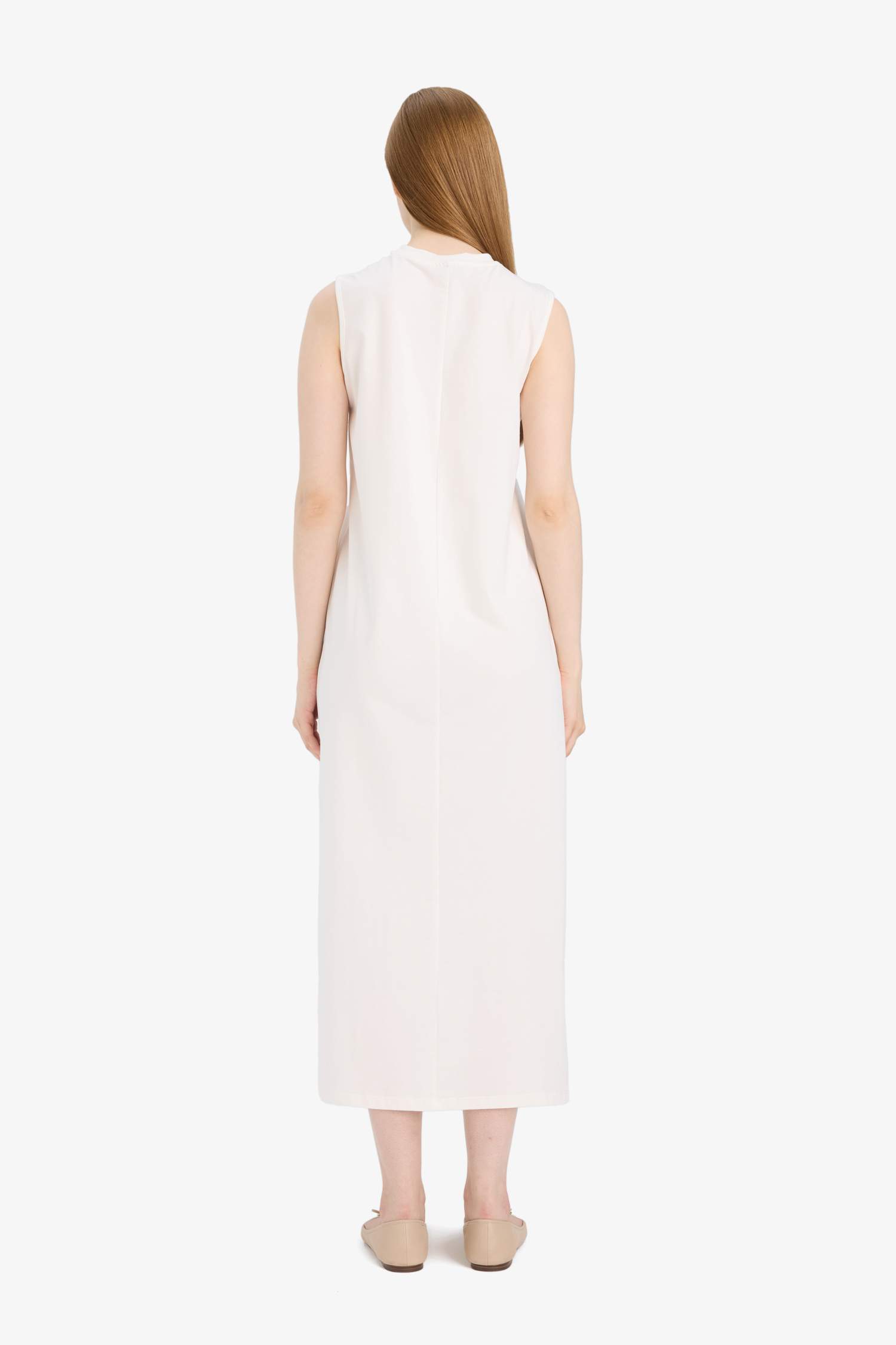 فستان طويل كت سادة قصة عادية بياقة مستديرة