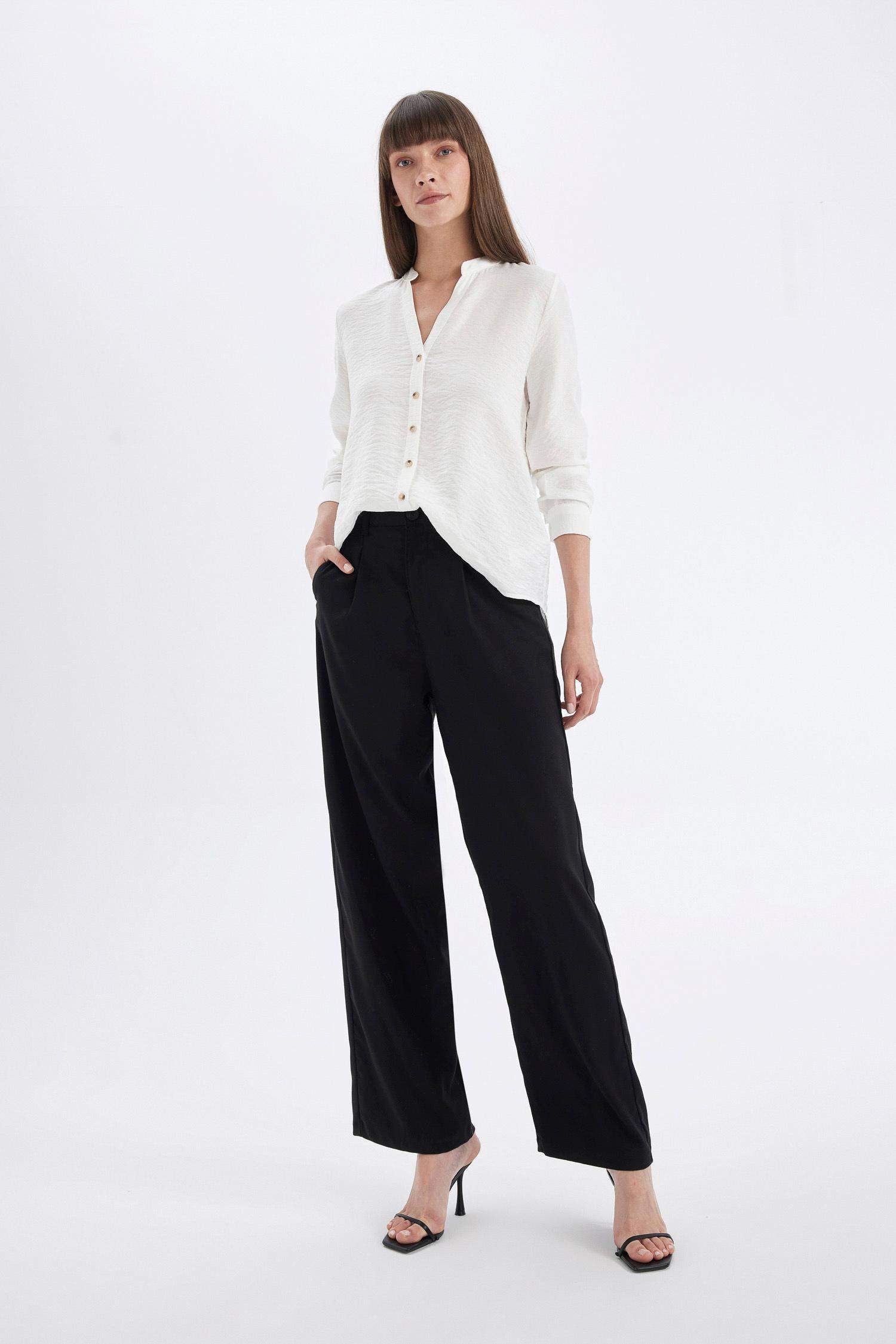 Apaş Yaka Basic Düz Katlamalı Düğmeli Uzun Kollu Beyaz Gömlek