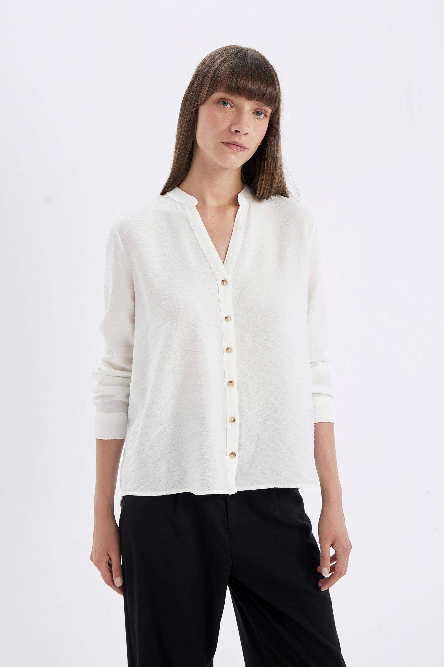 Apaş Yaka Basic Düz Katlamalı Düğmeli Uzun Kollu Beyaz Gömlek