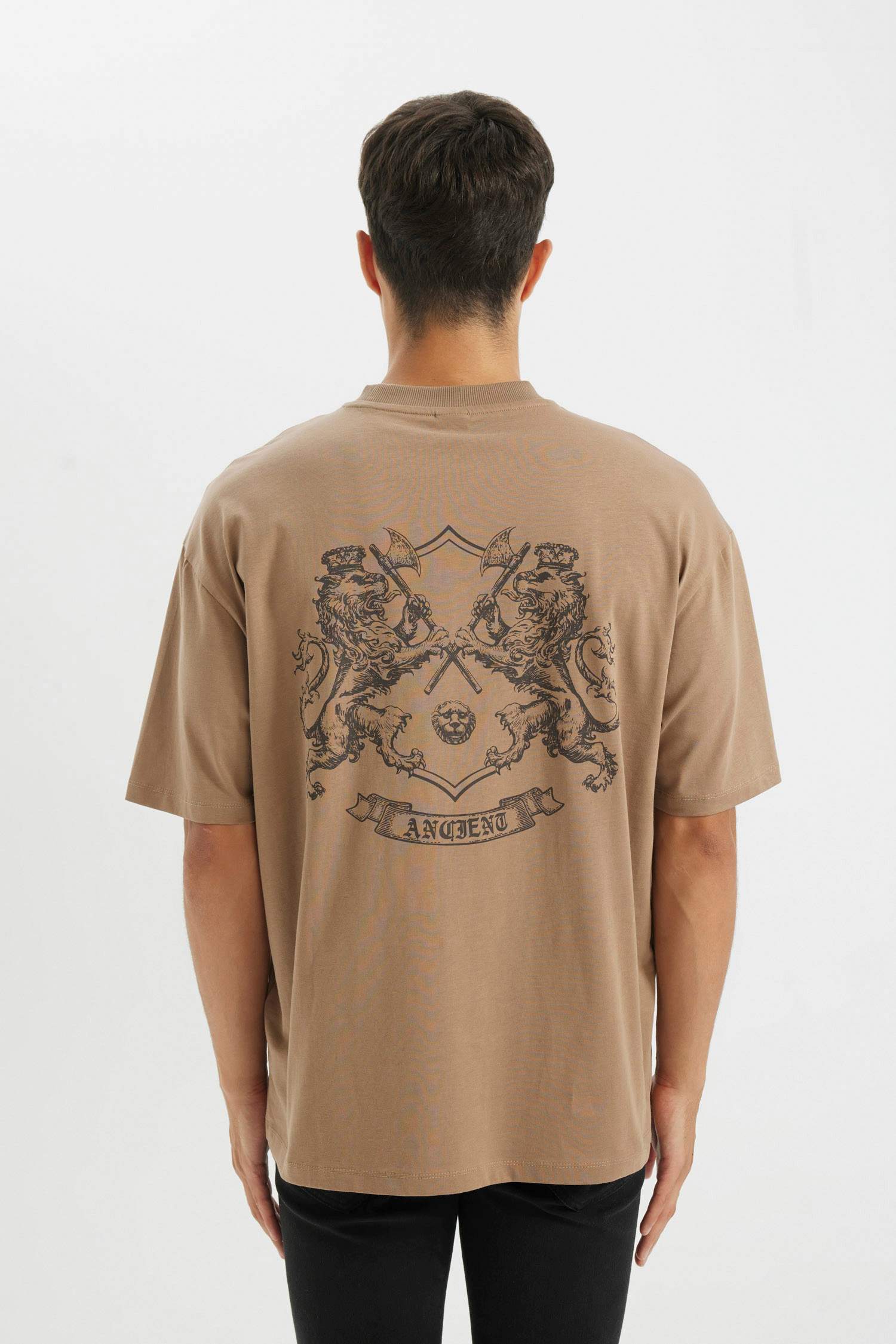 %100 Pamuk Oversize Geniş Kalıp Bisiklet Yaka Sırt Baskılı Kısa Kollu Tişört