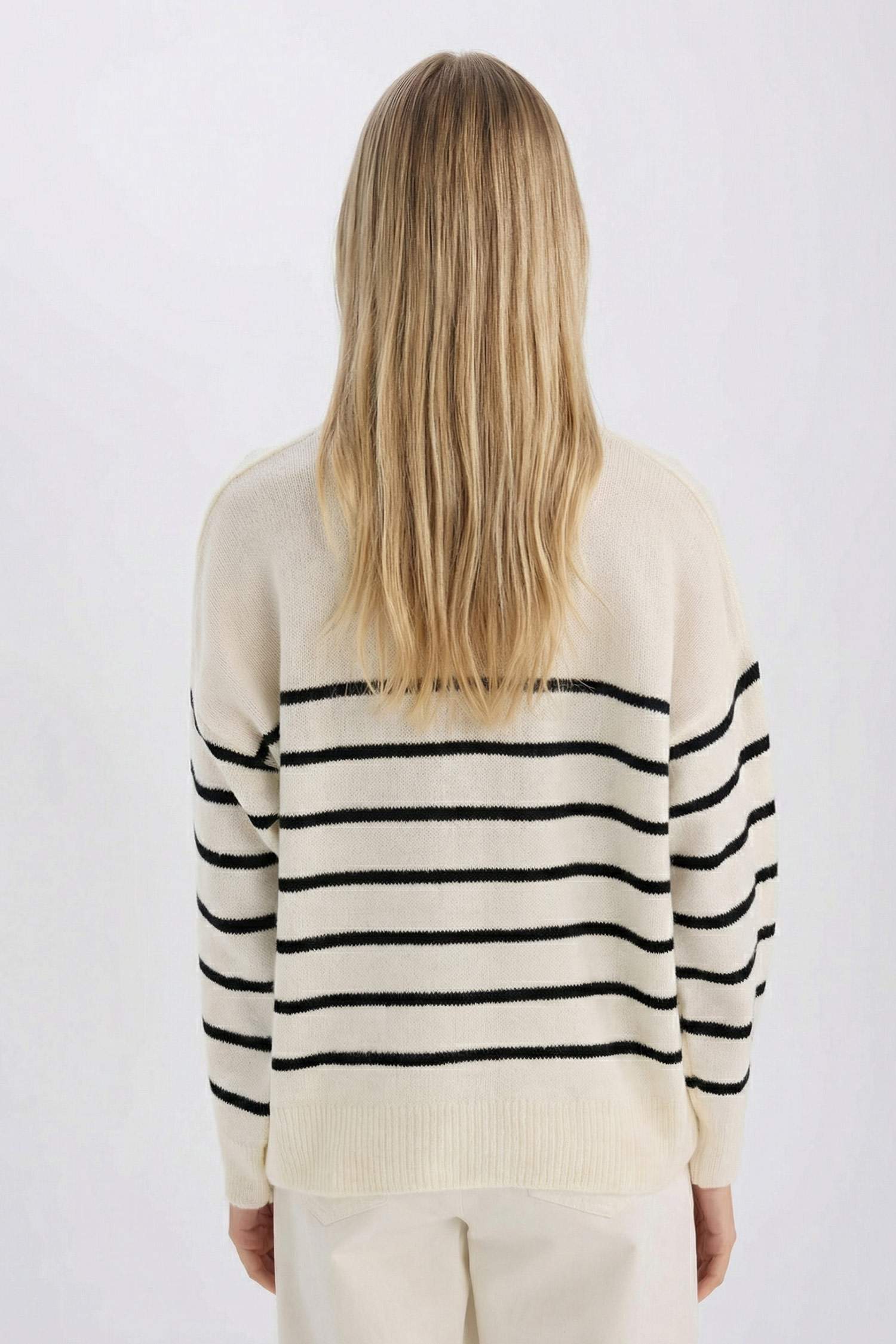 Oversize Geniş Kalıp Düğmeli Yaka Çizgili Triko Kazak