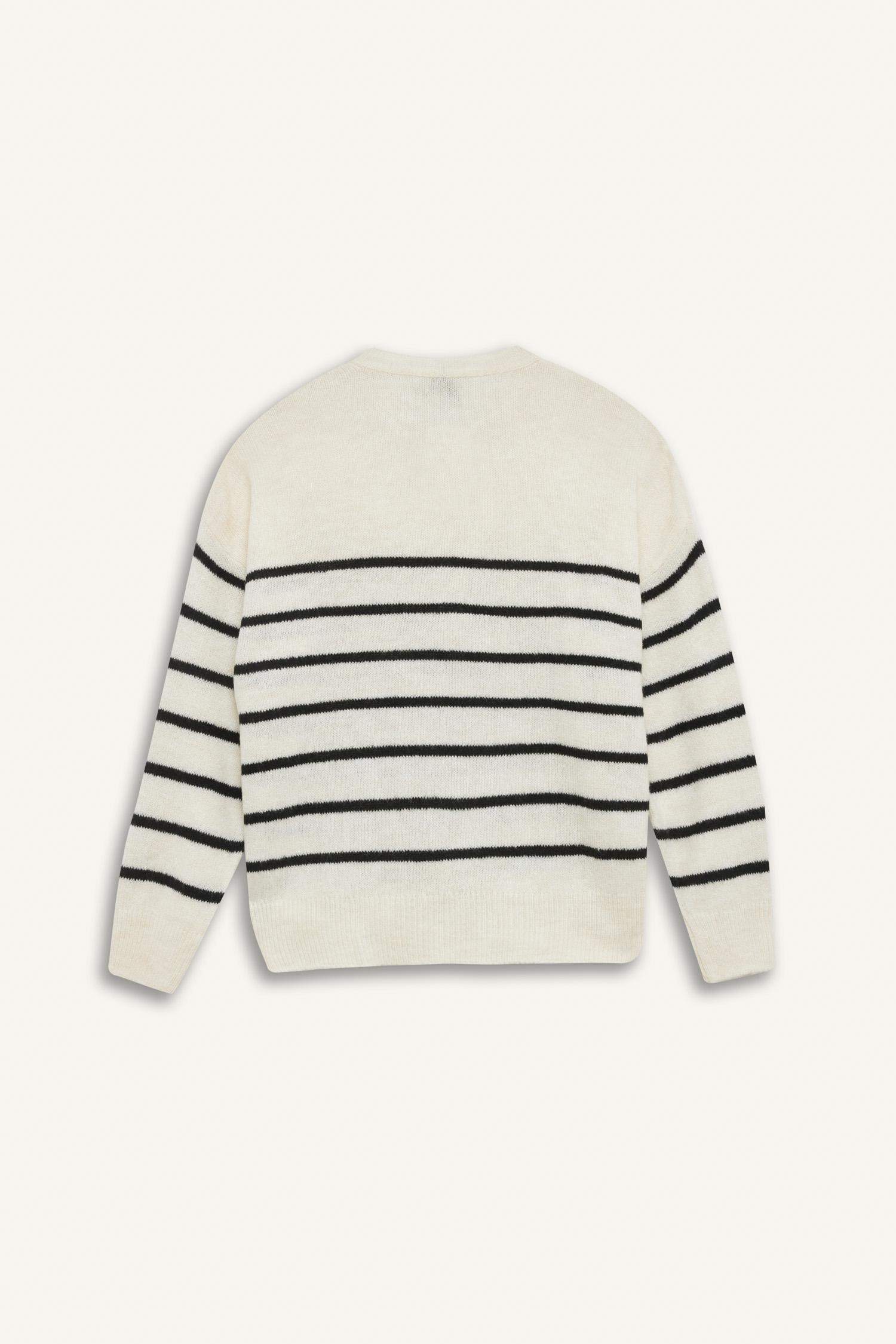 Oversize Geniş Kalıp Düğmeli Yaka Çizgili Triko Kazak