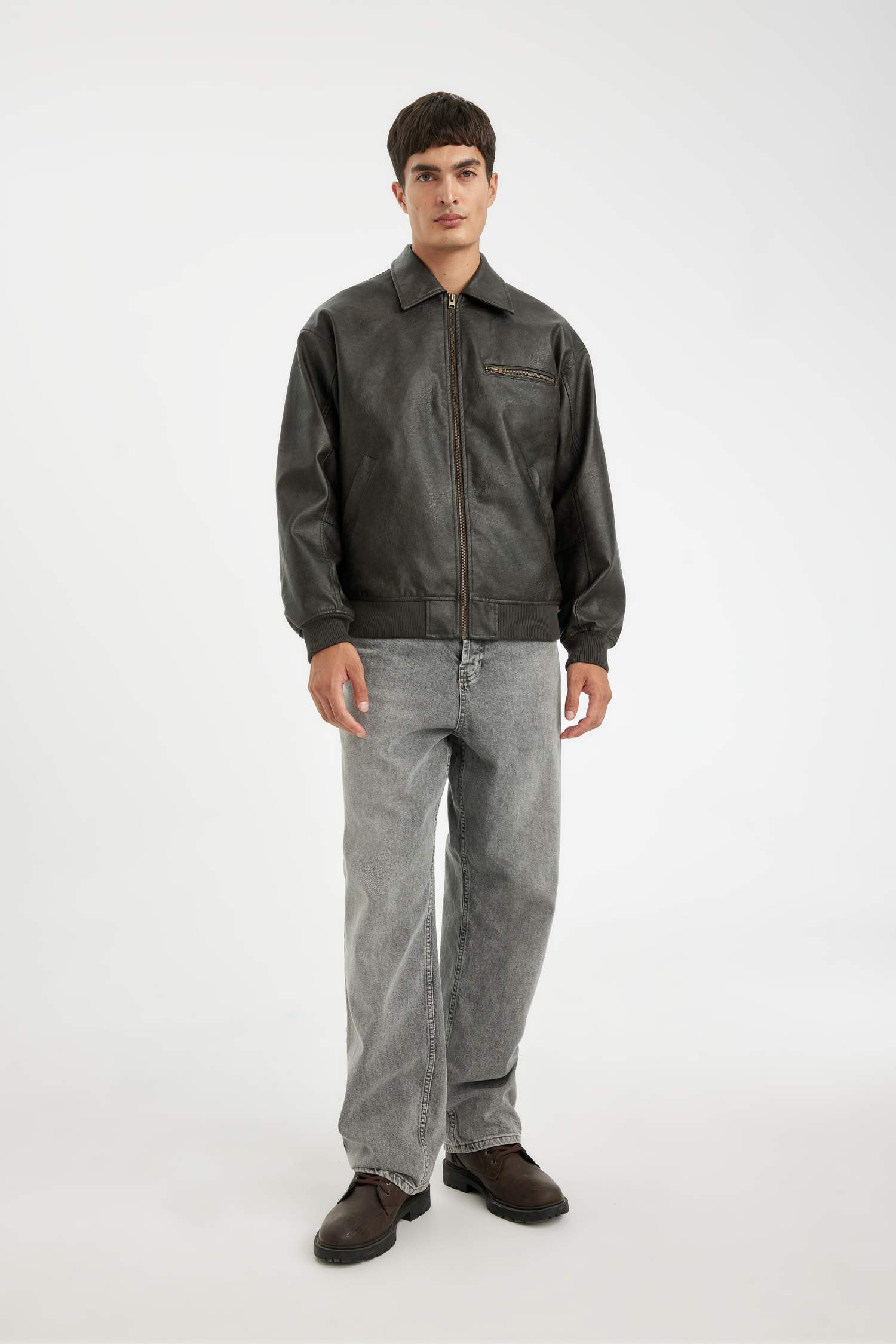 Waterproof Faux Leather Oversize Fit Shirt Collar Zippered Jacket