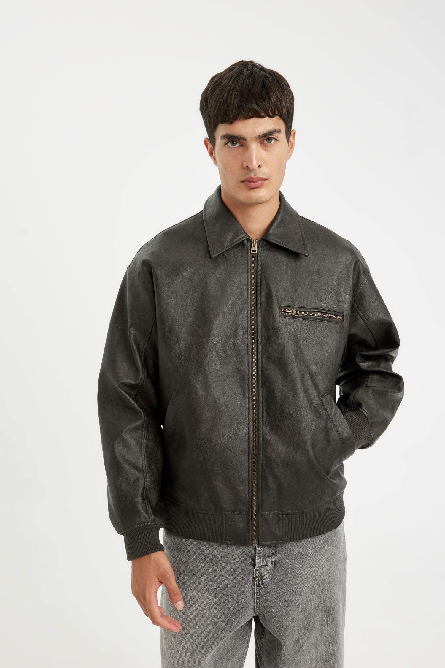 Waterproof Faux Leather Oversize Fit Shirt Collar Zippered Jacket