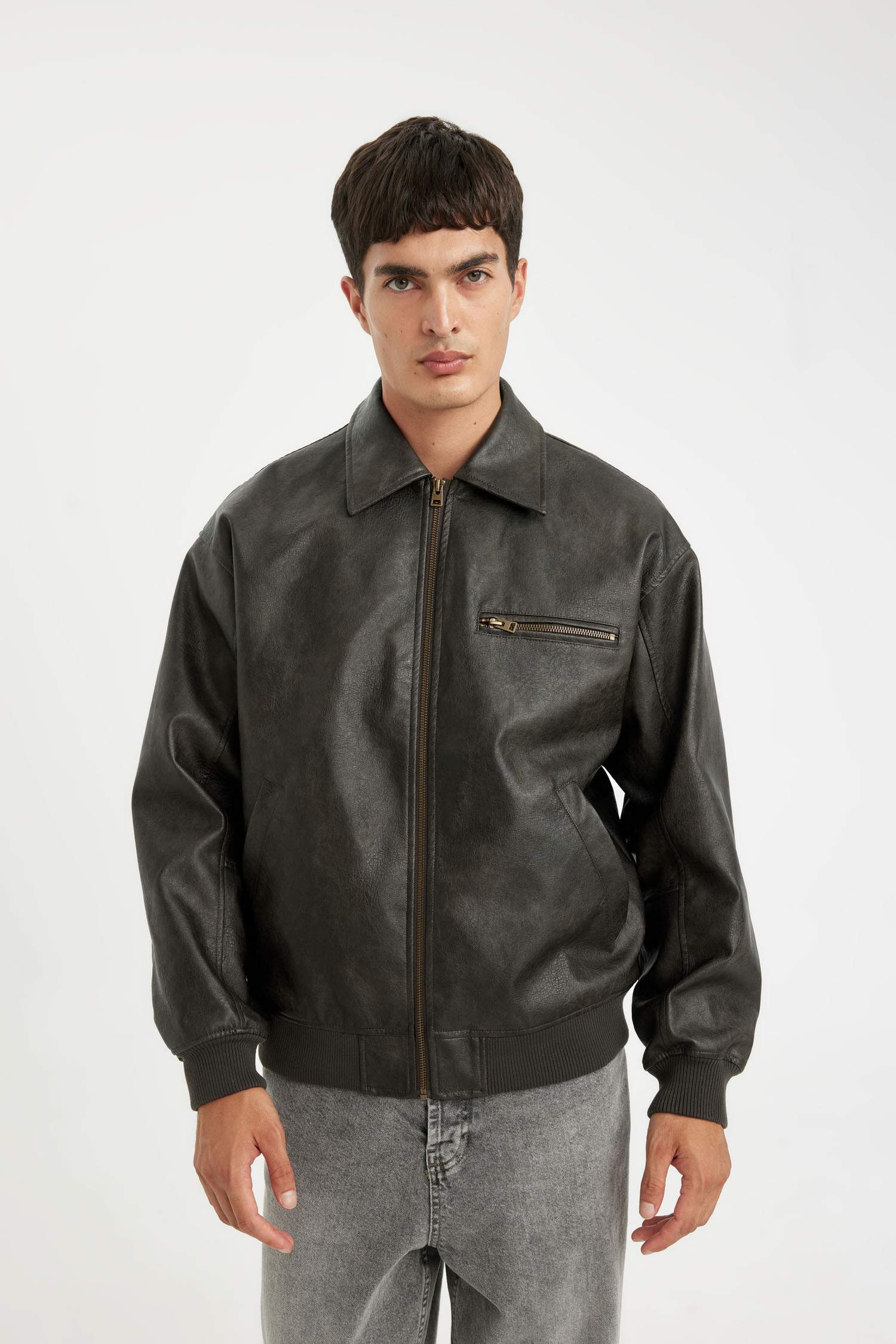Waterproof Faux Leather Oversize Fit Shirt Collar Zippered Jacket