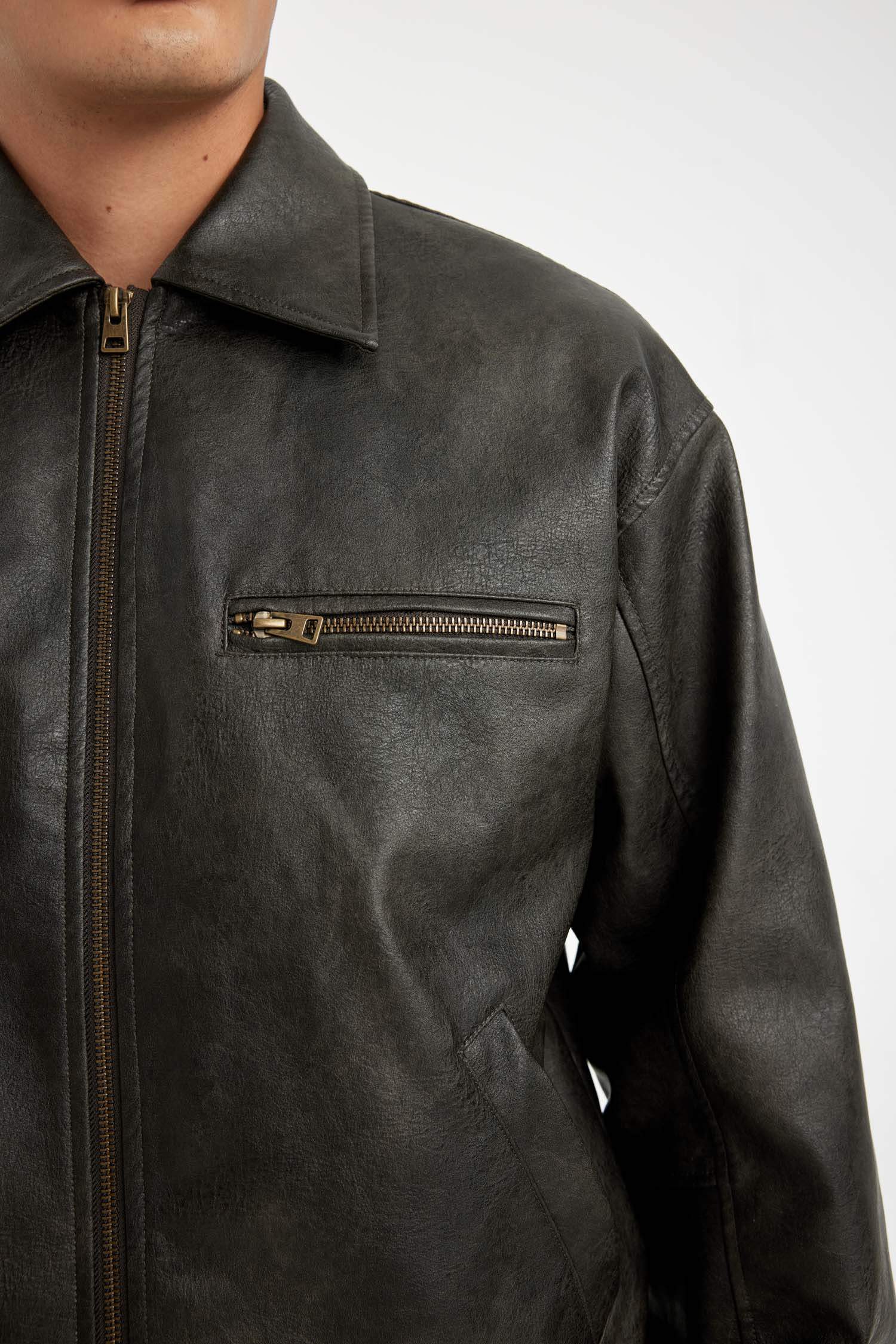 Waterproof Faux Leather Oversize Fit Shirt Collar Zippered Jacket