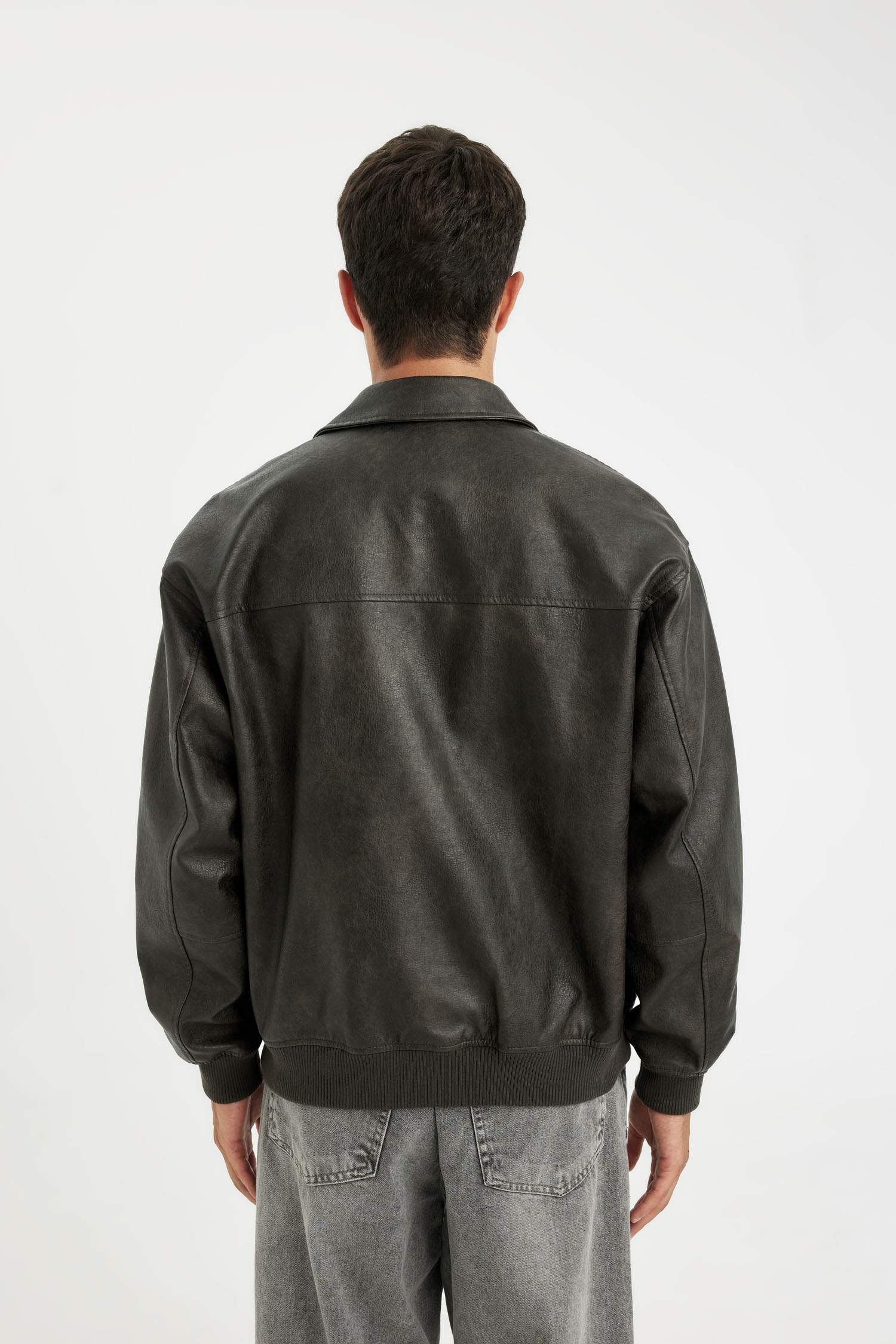 Waterproof Faux Leather Oversize Fit Shirt Collar Zippered Jacket