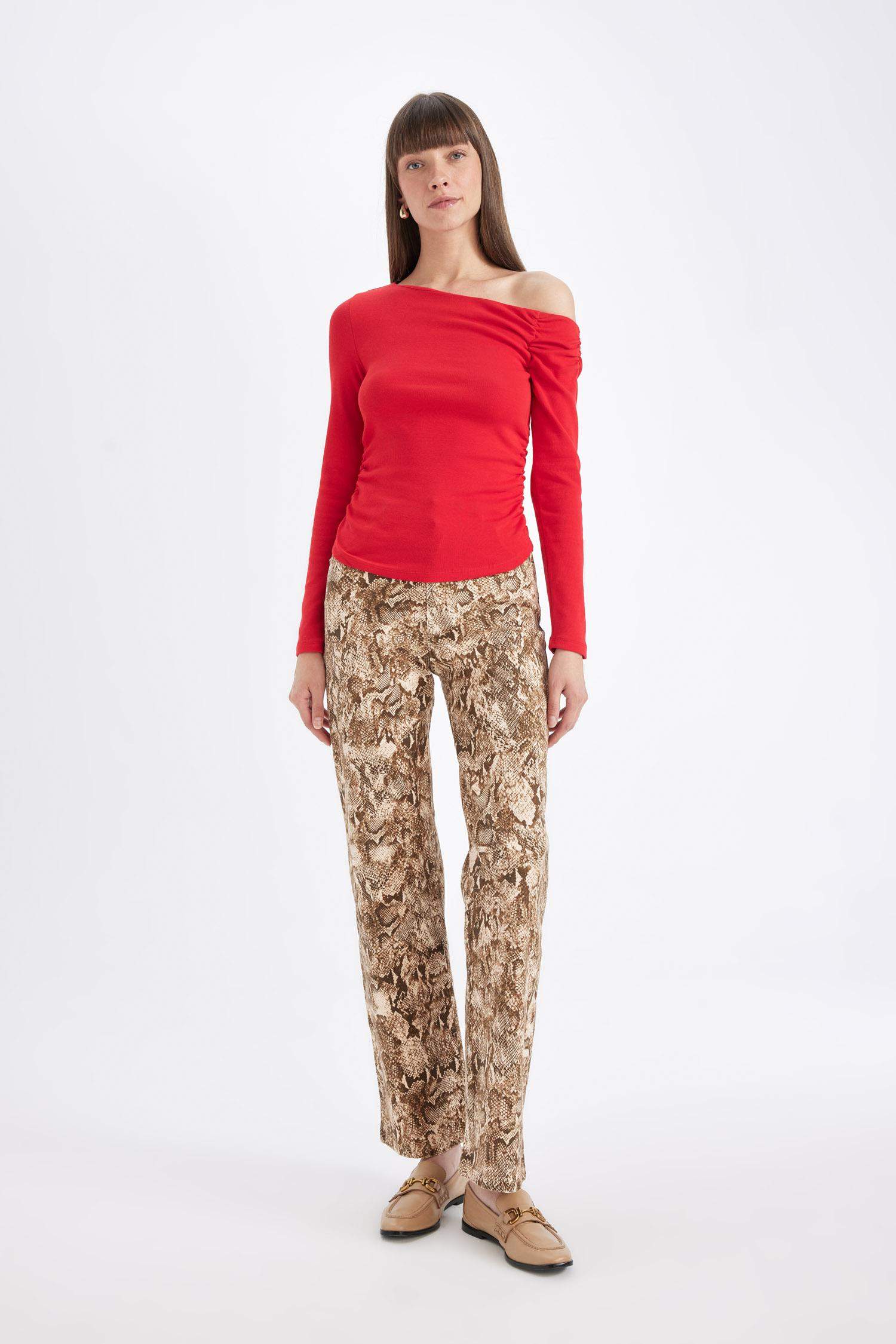 Kırmızı Slim Fit Dar Kesim Tek Omuzlu Ribana Basic Düz Uzun Kollu Tişört