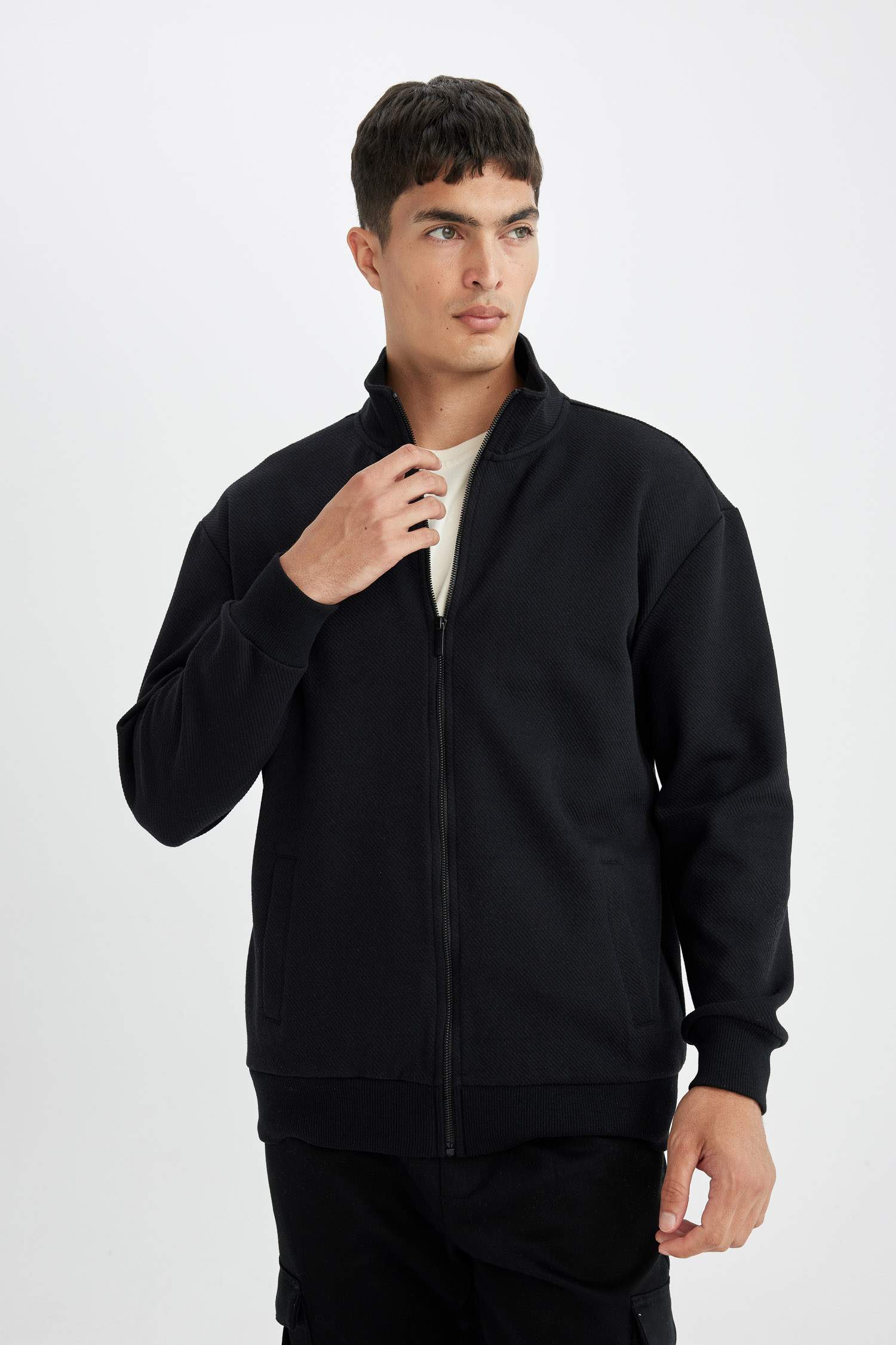 Comfort Regular Fit Rahat Kesim Dik Yaka Cepli Basic Düz Fermuarlı Sweatshirt