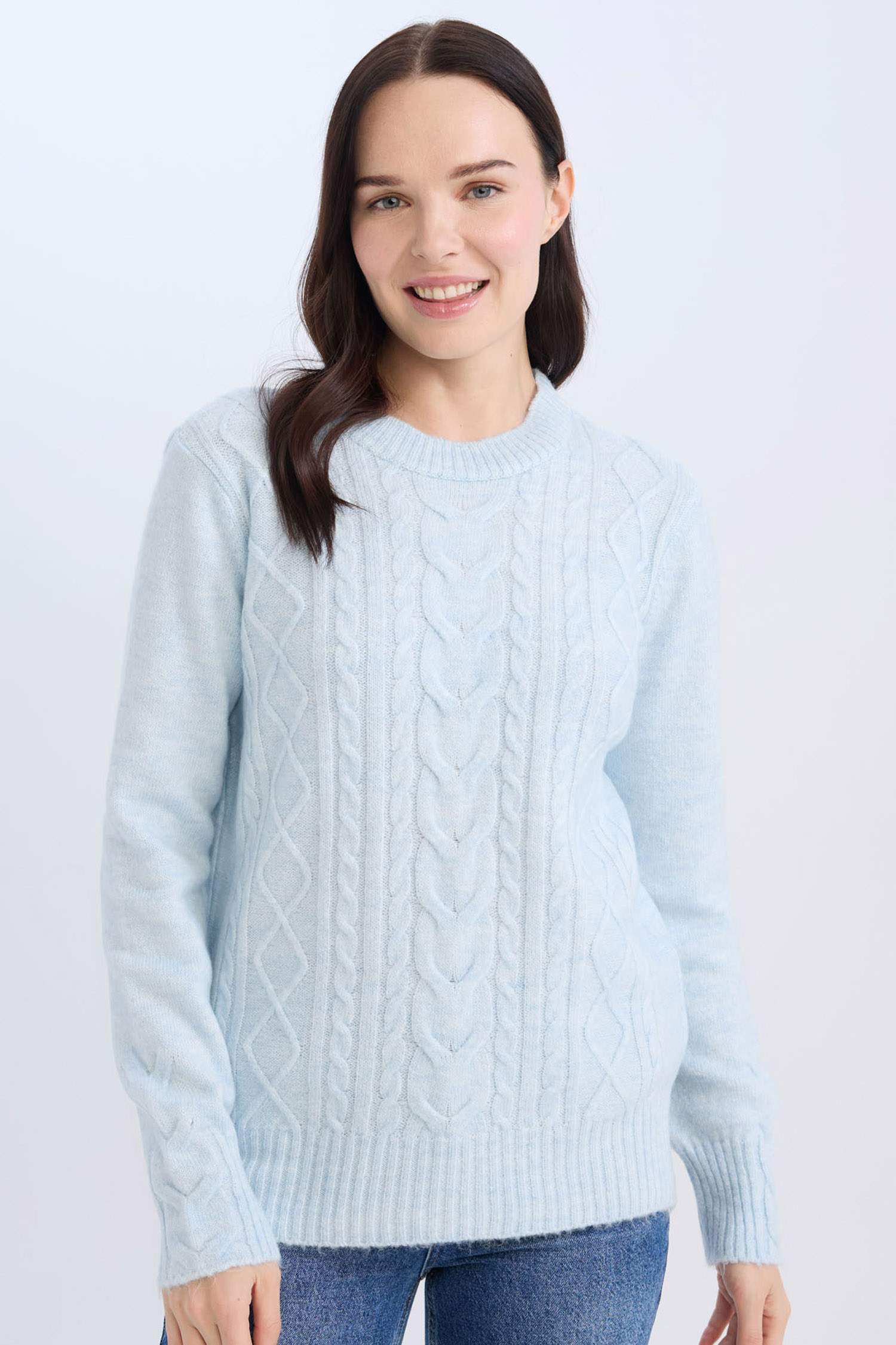 Regular Fit Bisiklet Yaka Saç Örgülü Triko Kazak