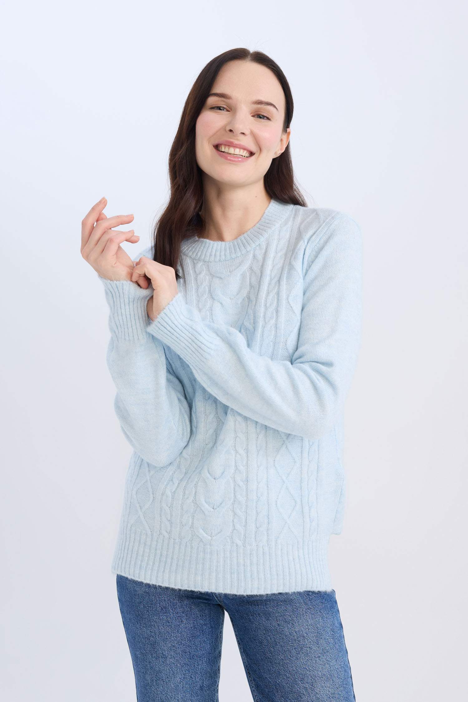 Regular Fit Bisiklet Yaka Saç Örgülü Triko Kazak