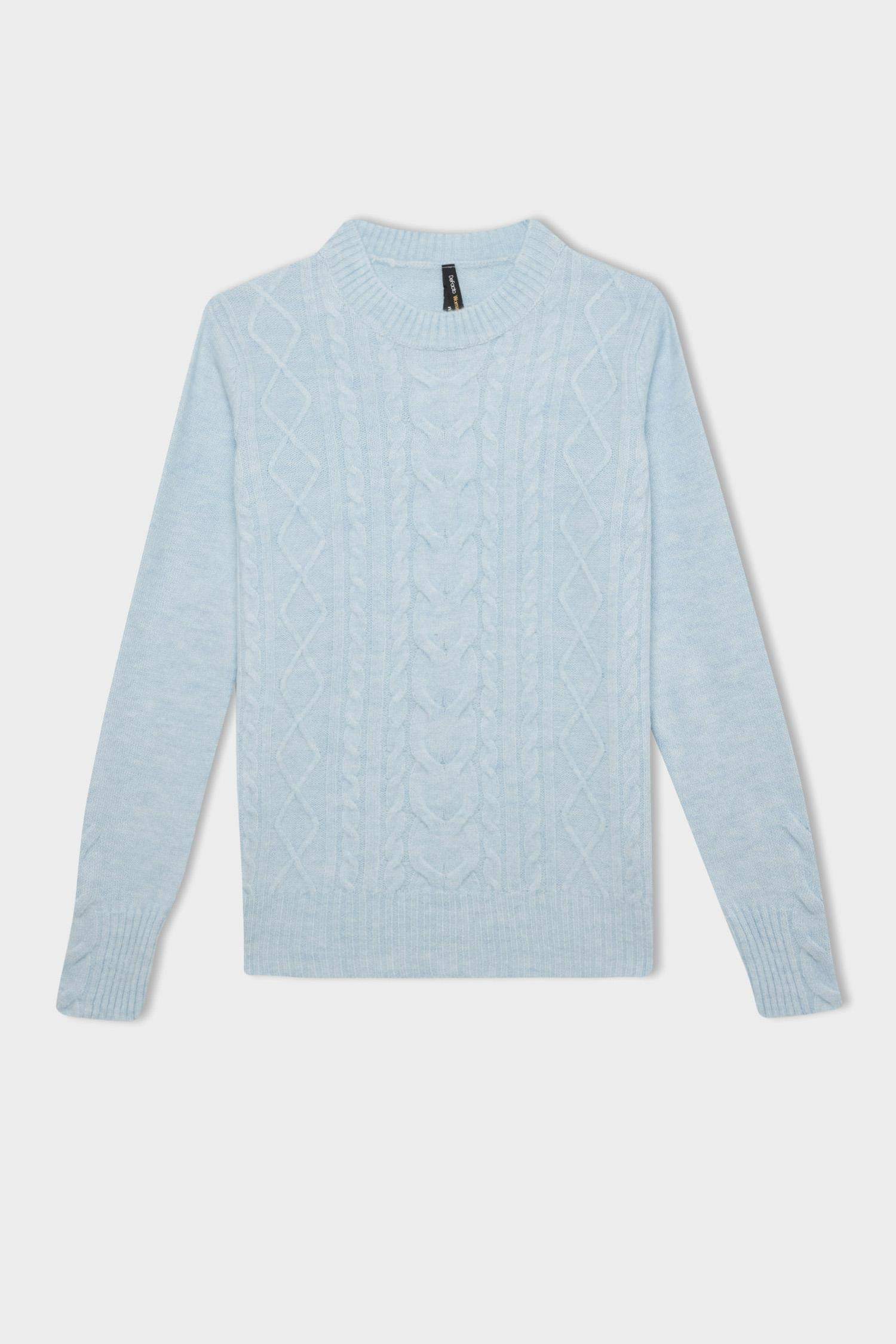 Regular Fit Bisiklet Yaka Saç Örgülü Triko Kazak