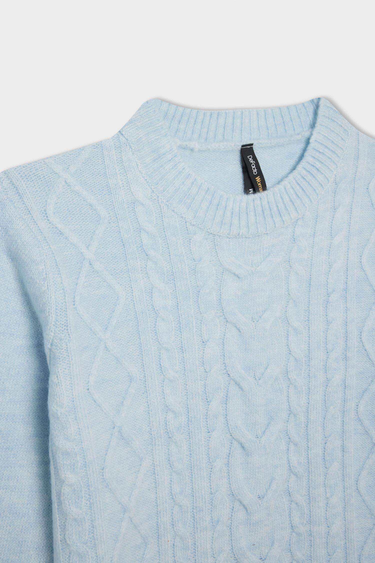 Regular Fit Bisiklet Yaka Saç Örgülü Triko Kazak