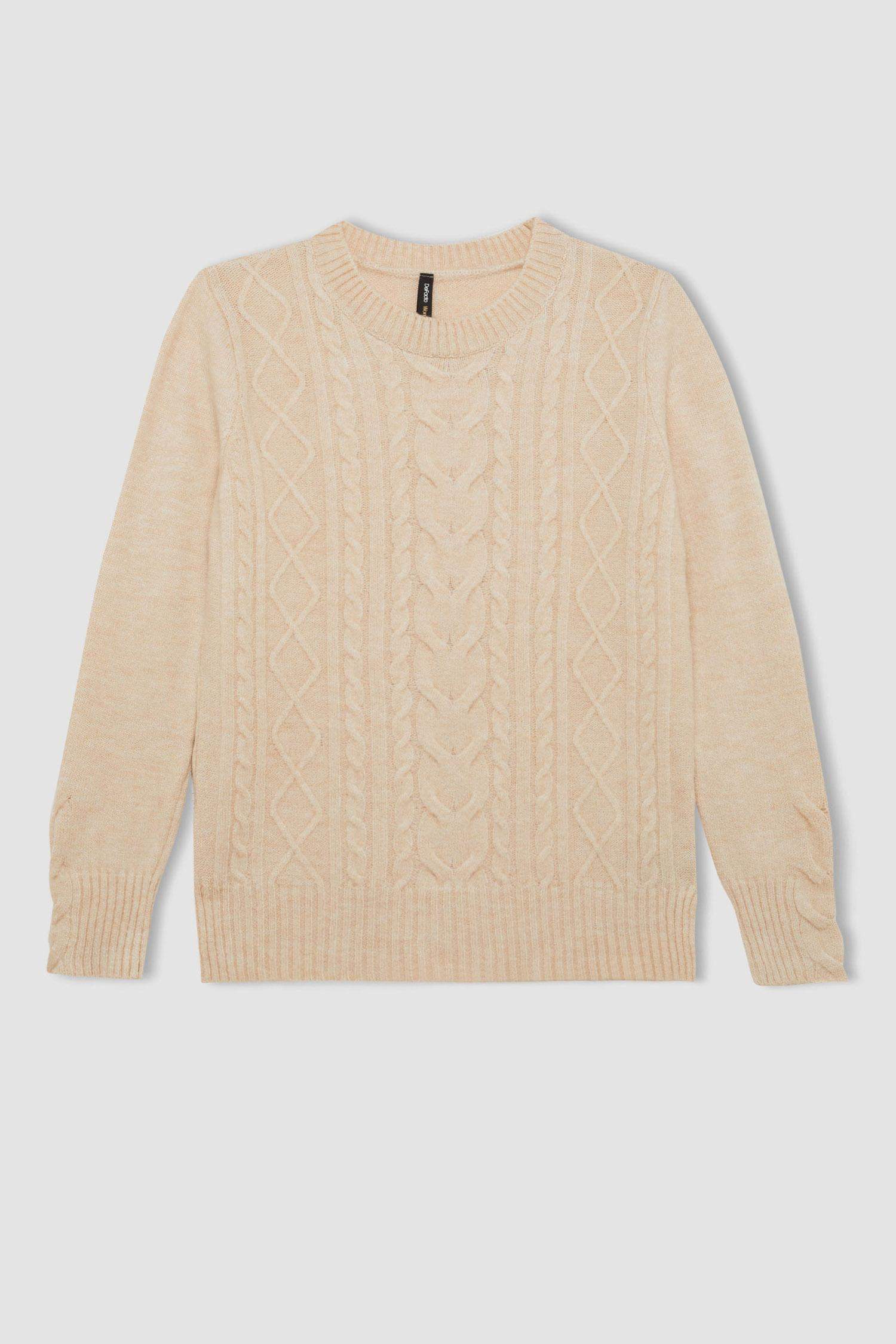 Regular Fit Bisiklet Yaka Saç Örgülü Triko Kazak