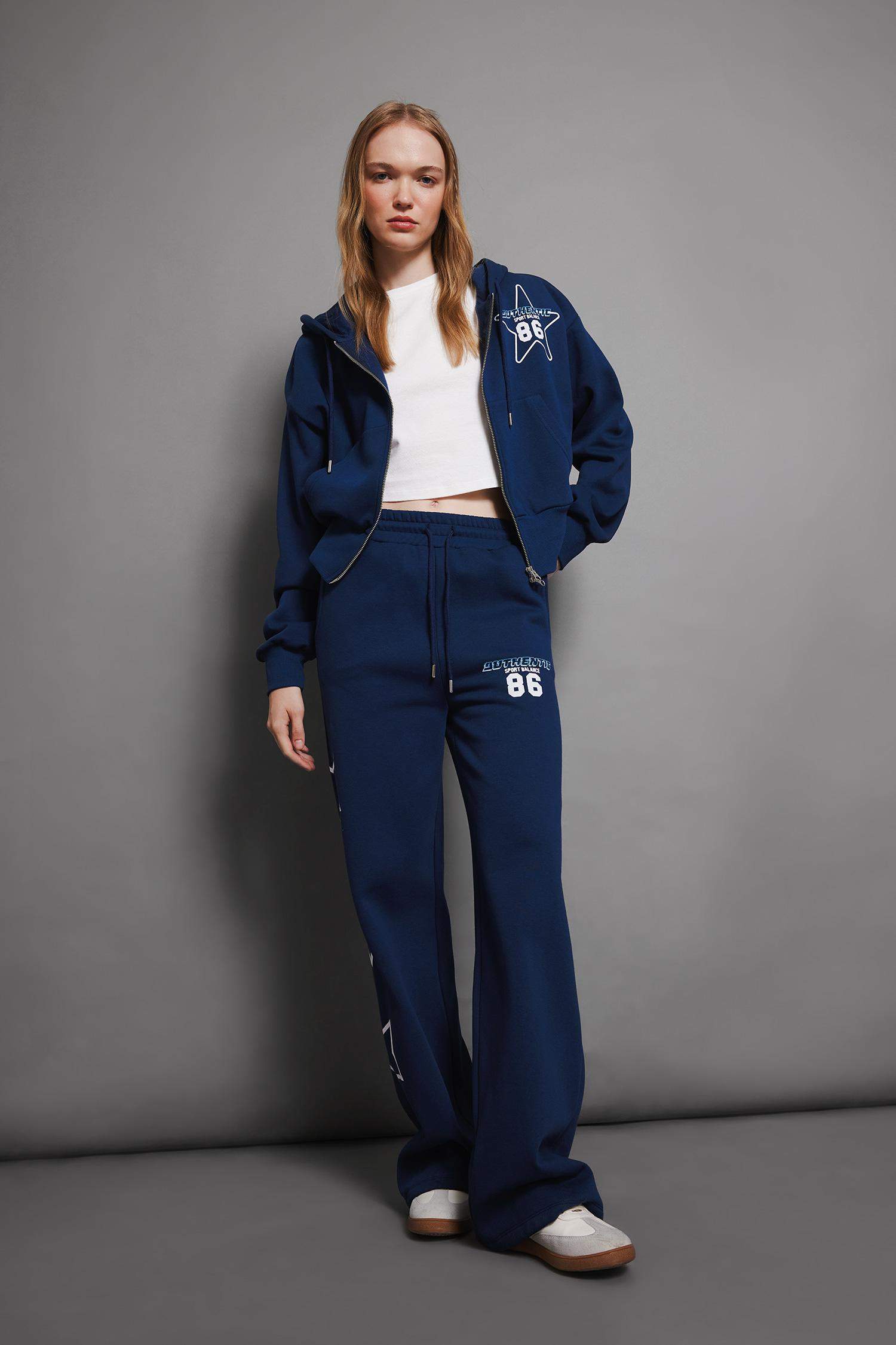 Kalın Eşofman Altı Wide Leg Geniş Bol Paça Beli Lastikli Baskılı Cepli