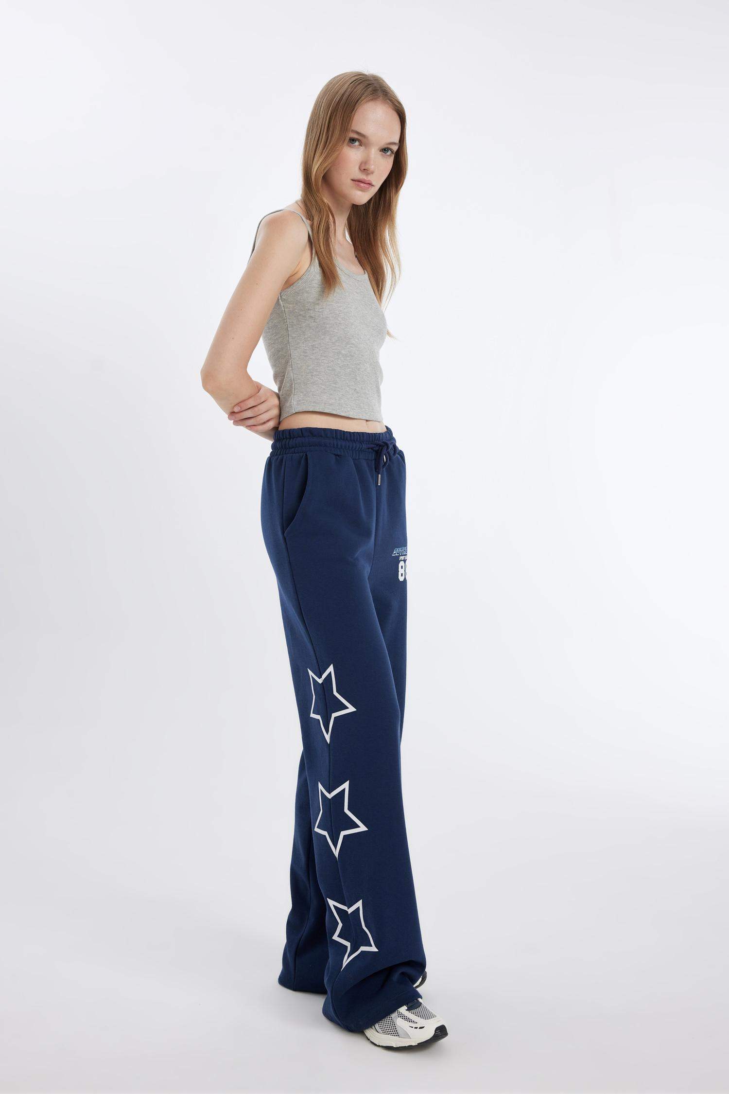 Kalın Eşofman Altı Wide Leg Geniş Bol Paça Beli Lastikli Baskılı Cepli