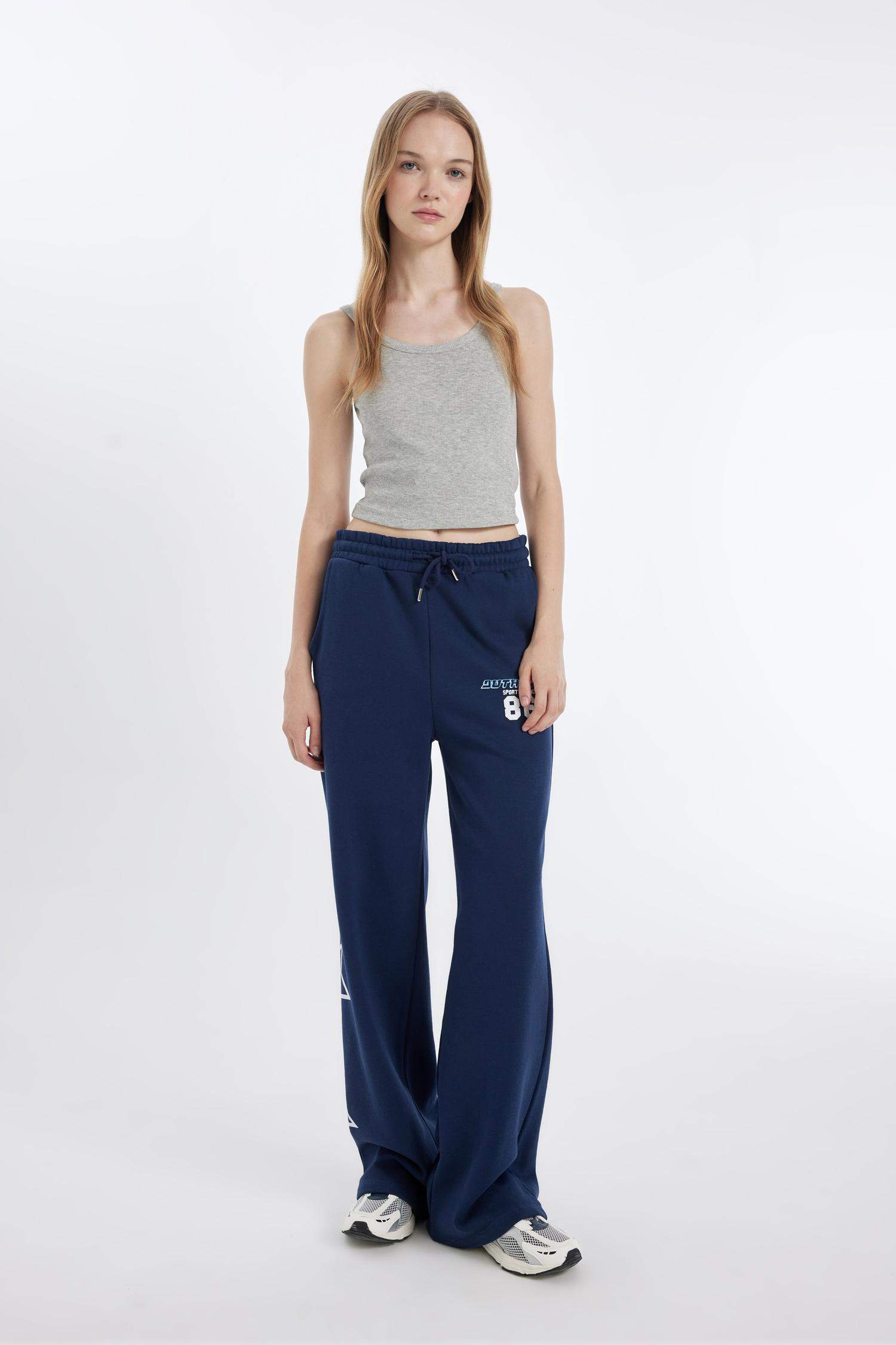 Kalın Eşofman Altı Wide Leg Geniş Bol Paça Beli Lastikli Baskılı Cepli