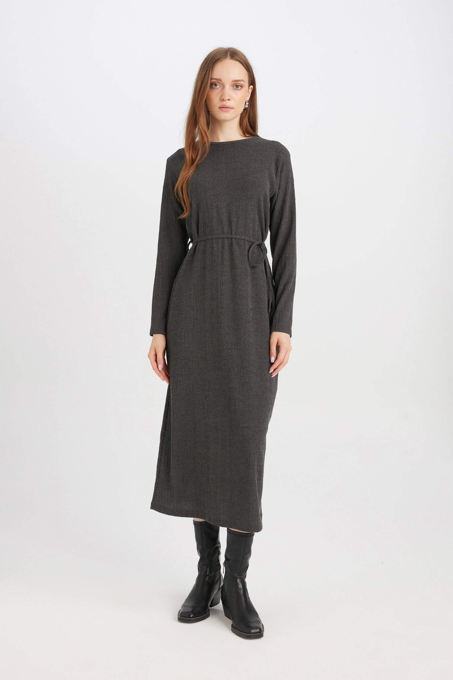 Regular Fit Crepe Long Sleeve Midi Dress