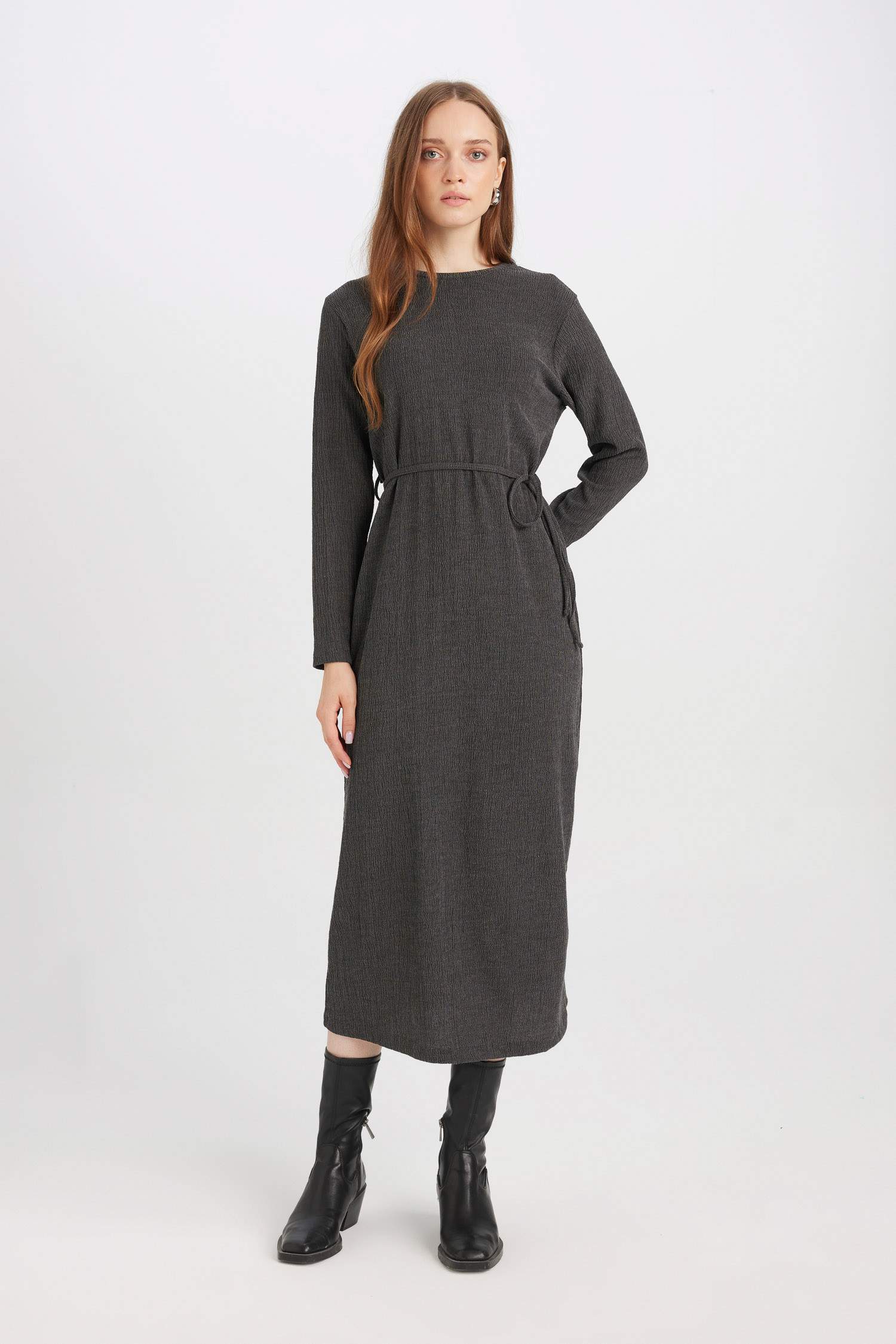 Regular Fit Crepe Long Sleeve Midi Dress