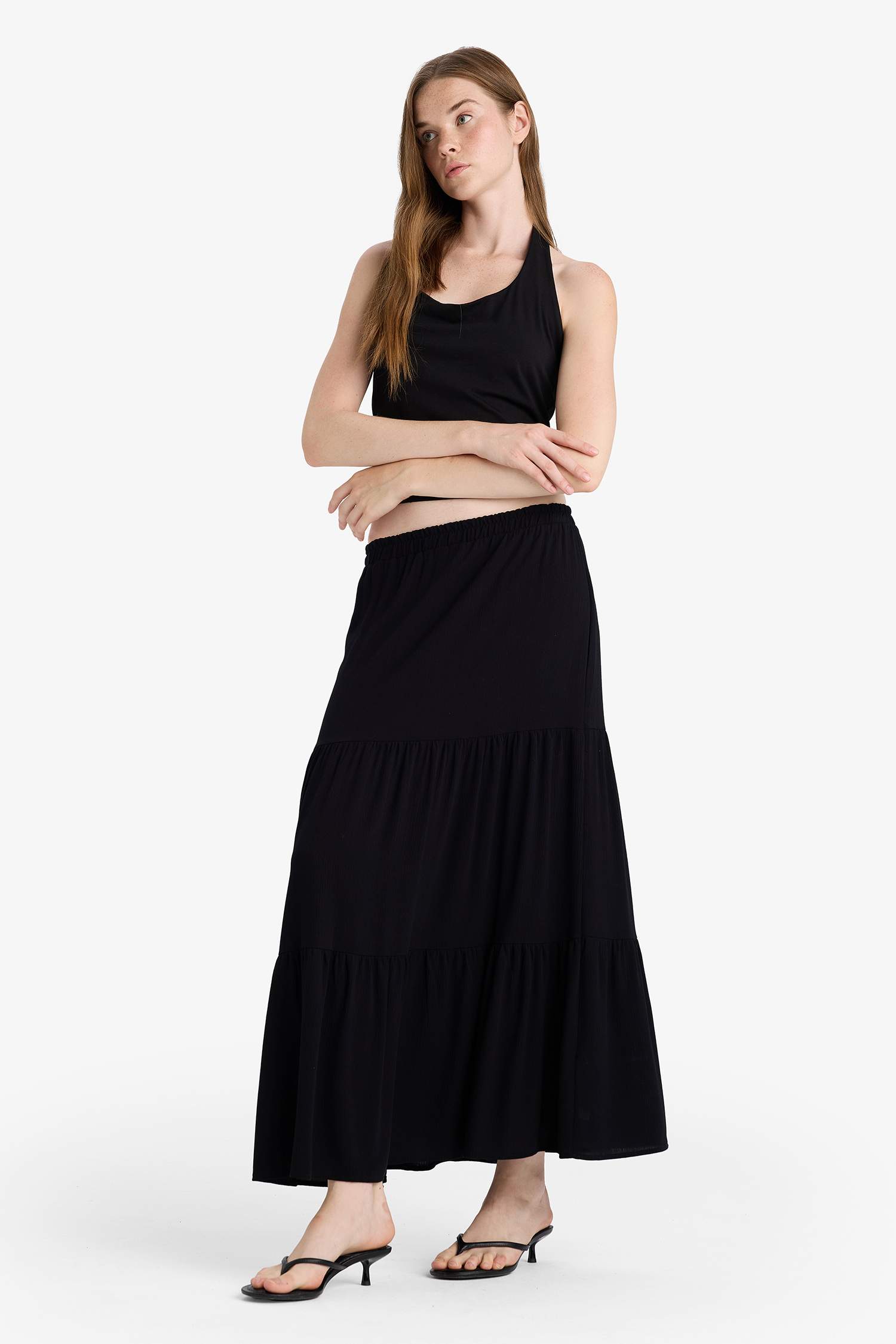 تنورة طويلة فيسكوز كرنكيل بخصر عالي وبطانة قطنية