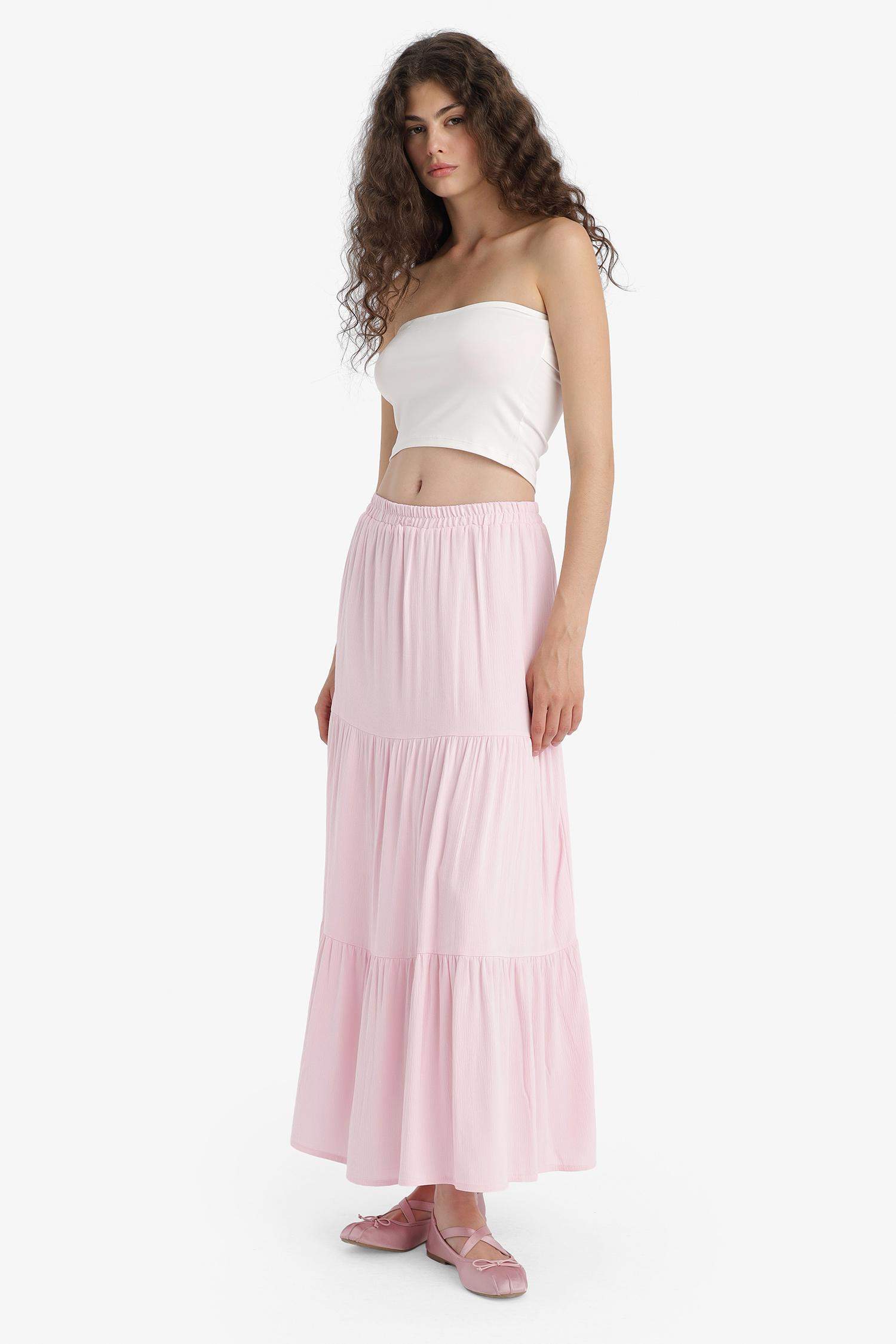 Crinkle Viscose Cotton Lined High Waist Maxi Skirt