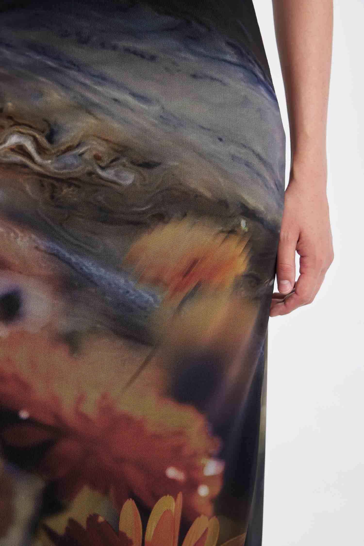 Bodycon Vücudu Saran Askılı Desenli Tül Askılı Maxi Elbise