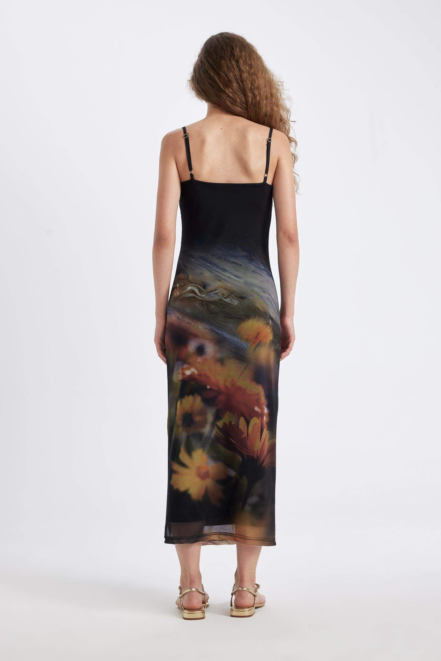 Bodycon Vücudu Saran Askılı Desenli Tül Askılı Maxi Elbise