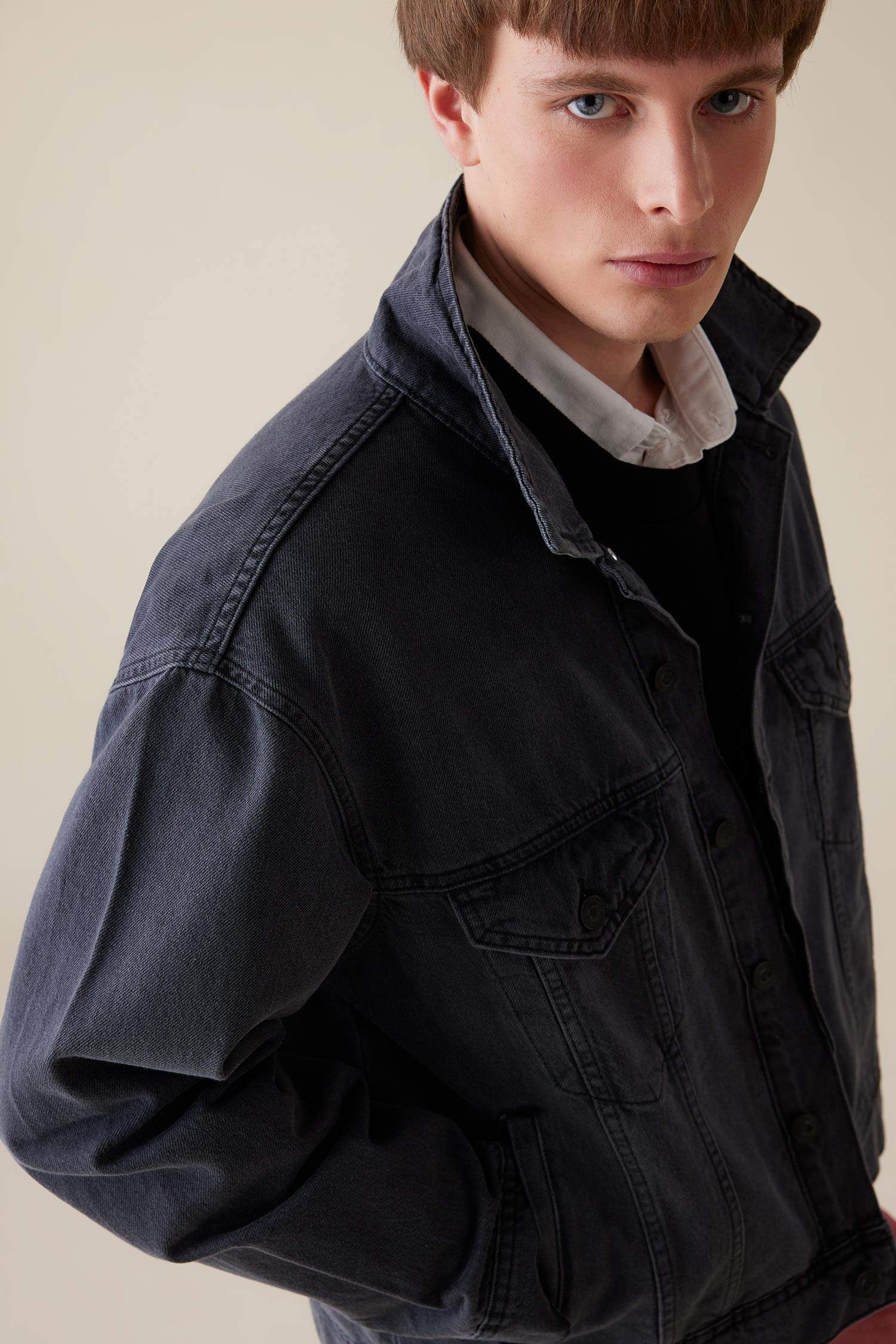 %100 Pamuk Oversize Geniş Kalıp Polo Yaka Düğmeli Cepli Yıkamalı Denim Ceket