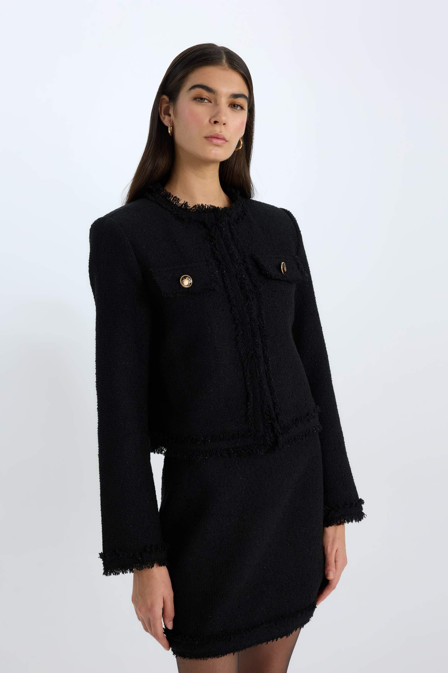 Veste blazer courte en tweed à col rond