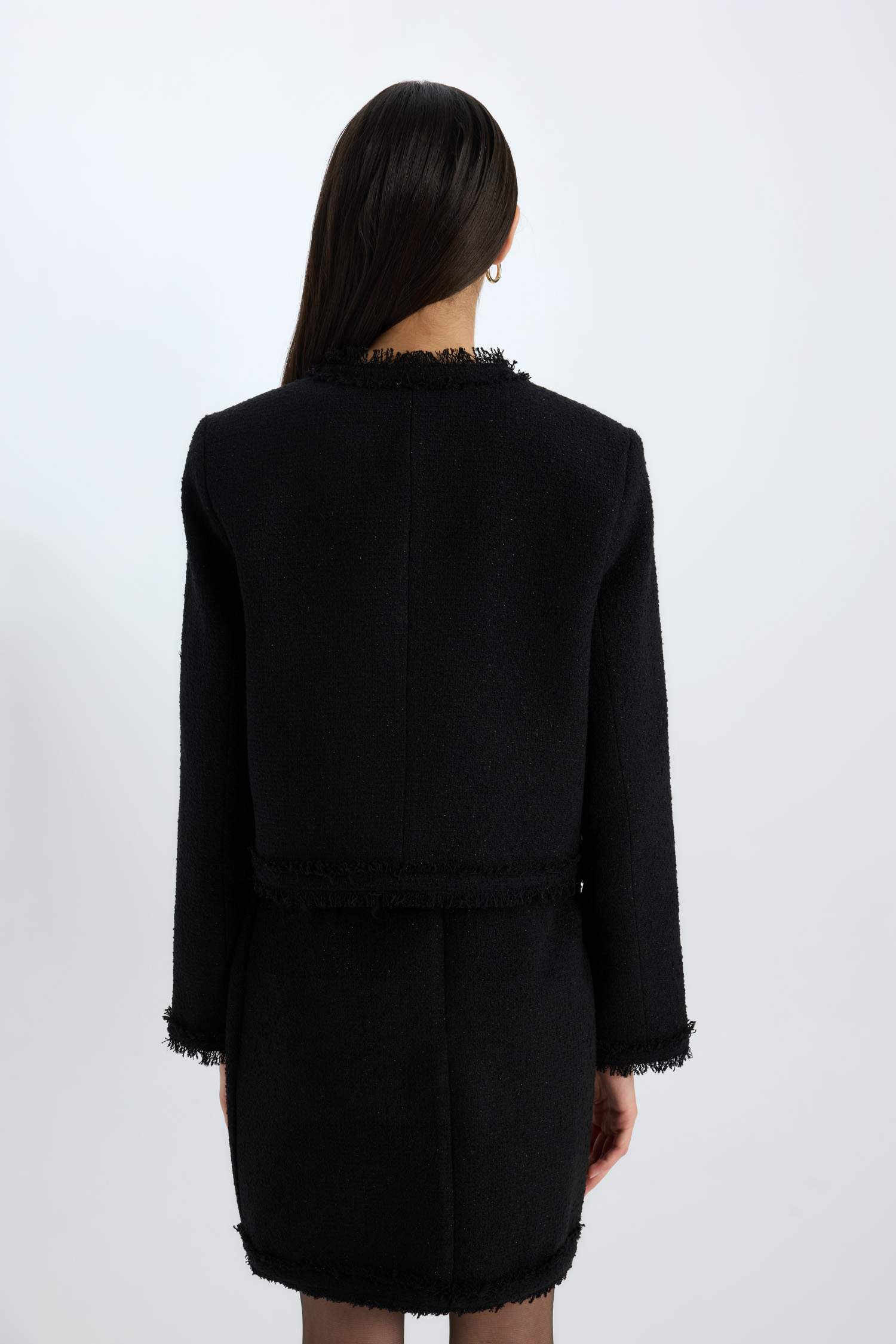 Veste blazer courte en tweed à col rond