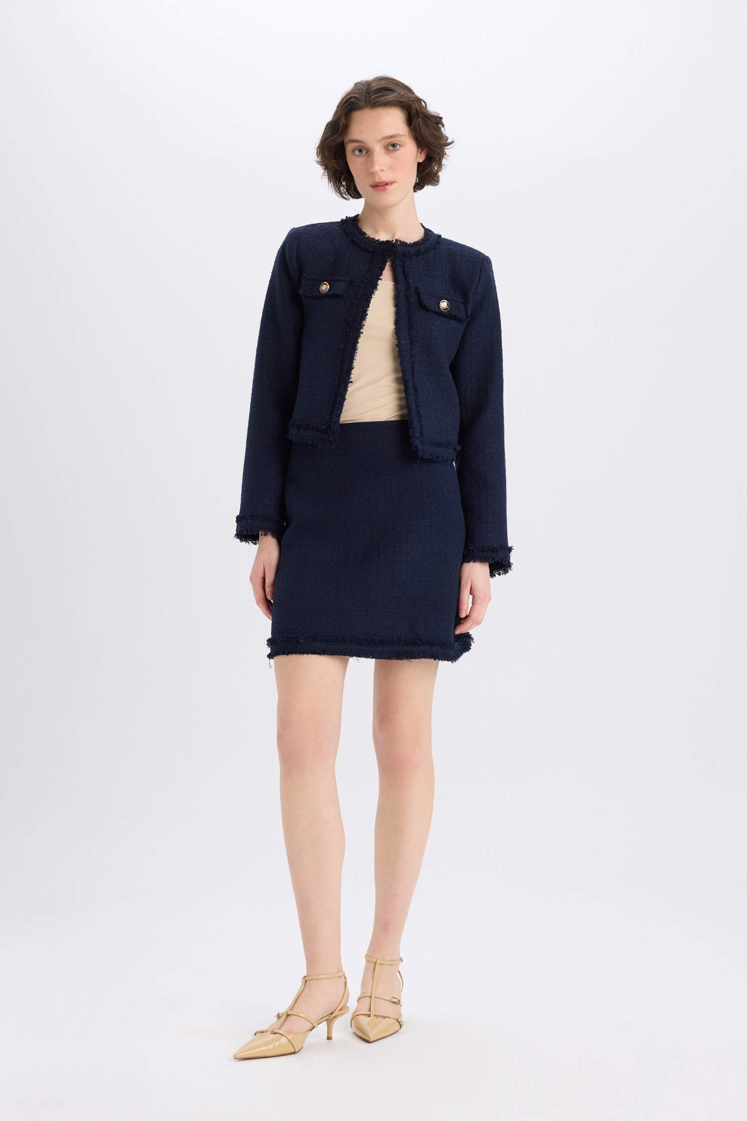 Crop Bisiklet Yaka Tweed Blazer Ceket