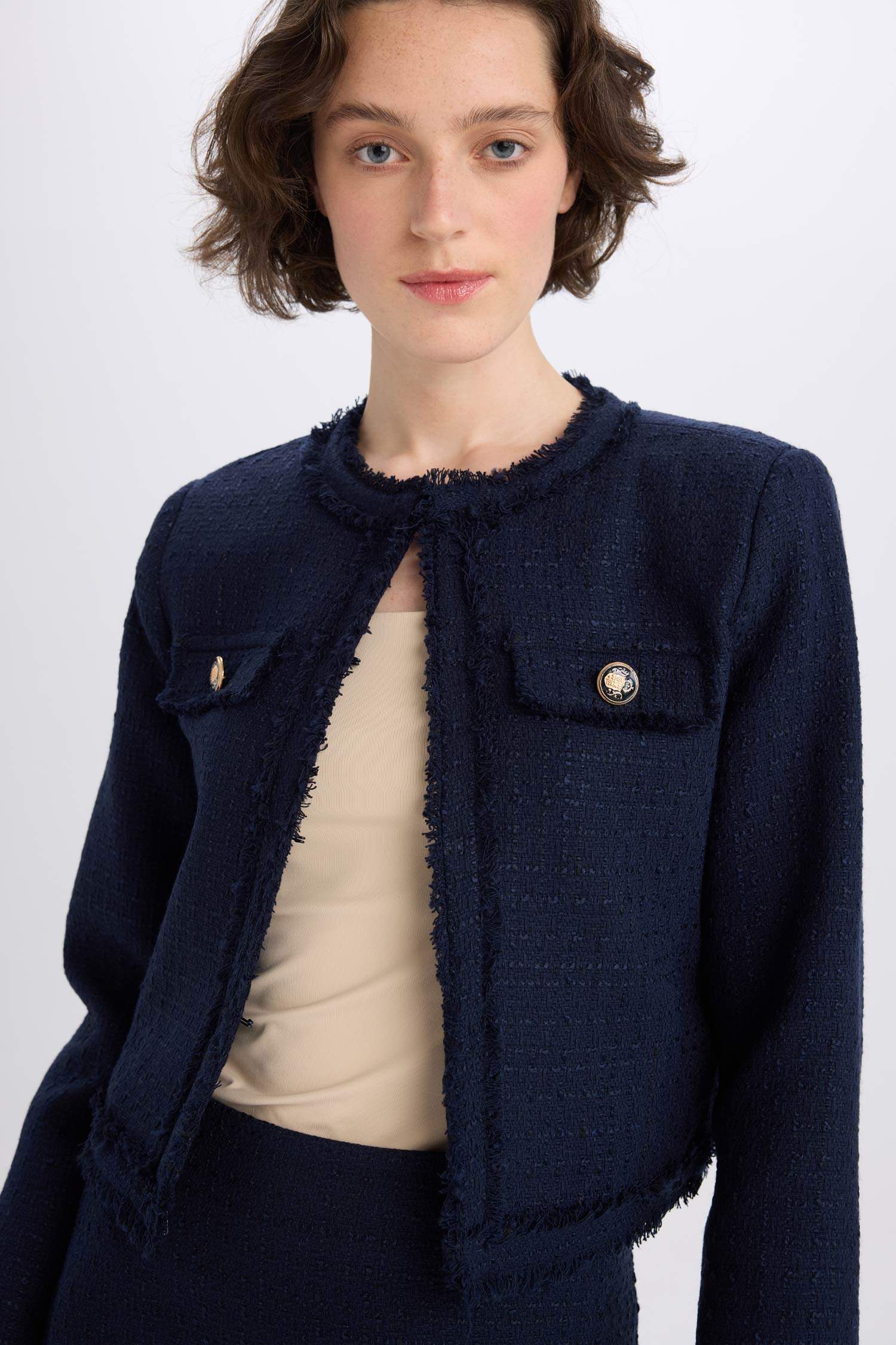 Crop Bisiklet Yaka Tweed Blazer Ceket