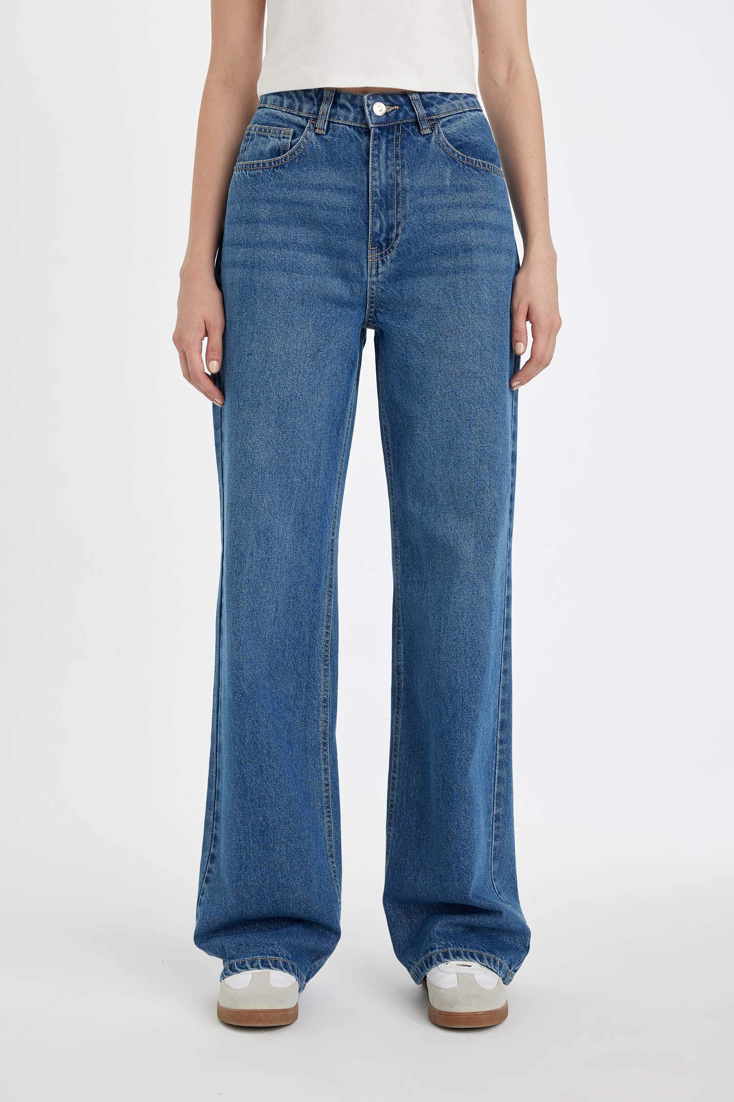 Straight Wide Yüksek Bel Düz Paça Uzun Jean Yıkamalı Pantolon