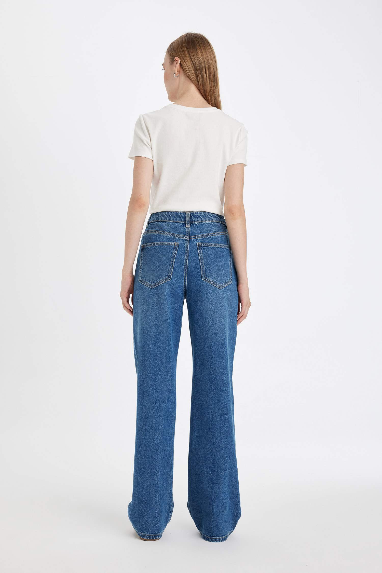 Straight Wide Yüksek Bel Düz Paça Uzun Jean Yıkamalı Pantolon