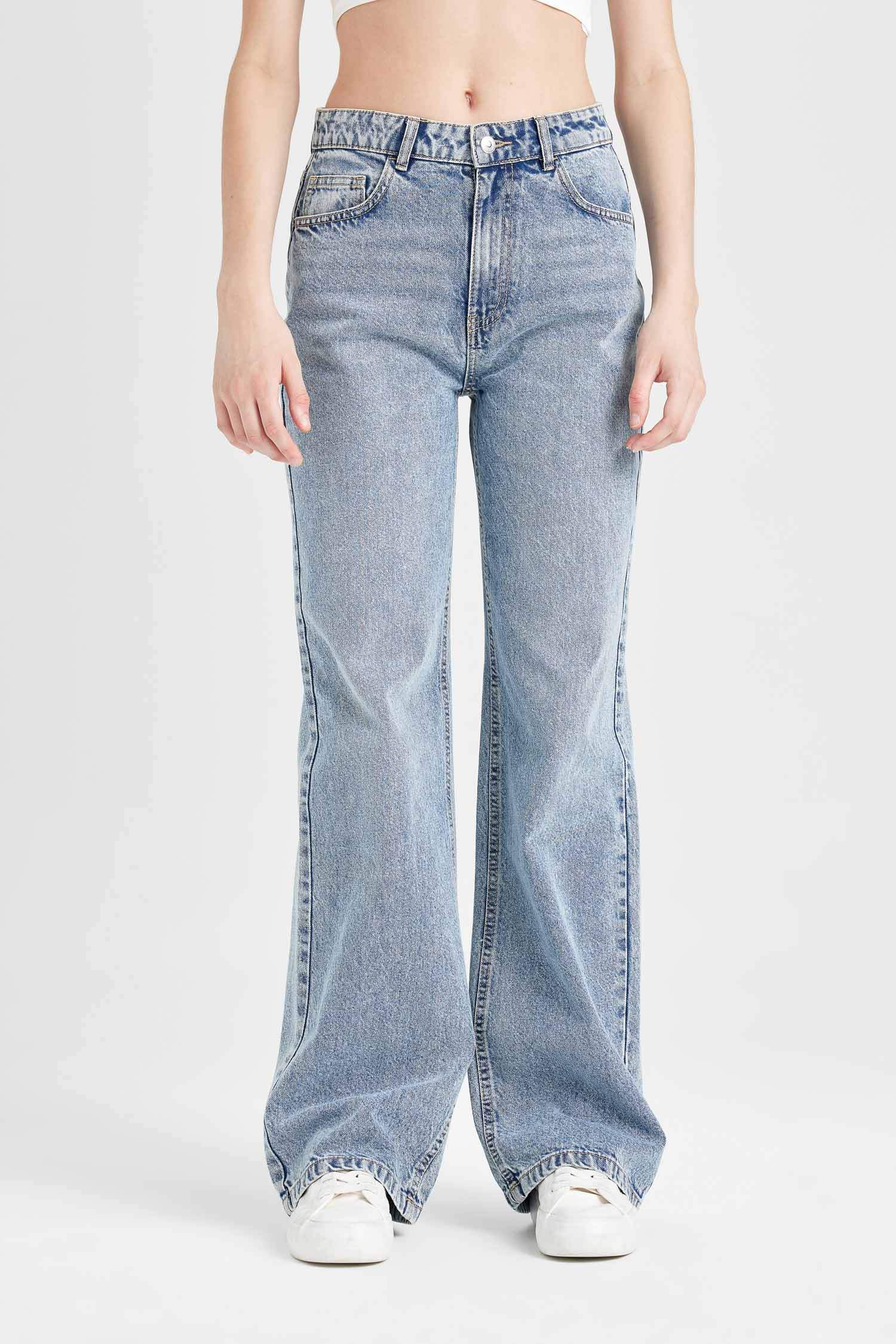 Straight Wide Yüksek Bel Düz Paça Uzun Jean Yıkamalı Pantolon