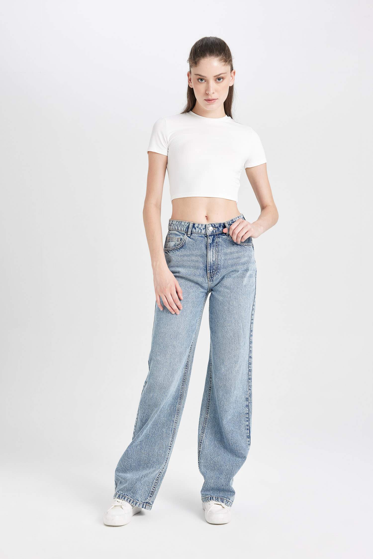 Straight Wide Yüksek Bel Düz Paça Uzun Jean Yıkamalı Pantolon